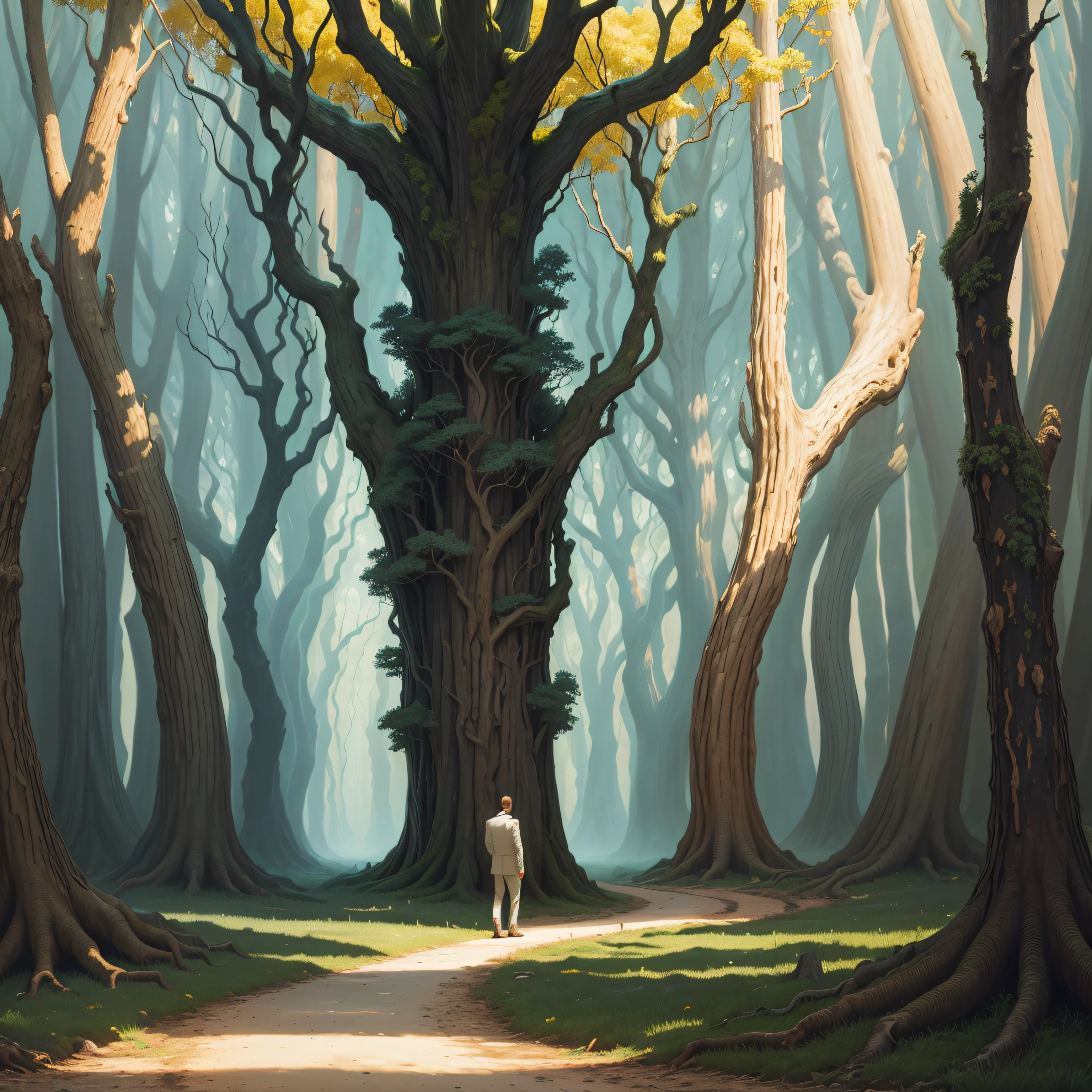 oil painting on canvas, Salvador Dalí style, A man walks along a crooked path in the forest among very strange trees, The trees are twisted in a spiral, Trees are intertwined with each other, Among the trees grow straight tall pines, The sky flows down to the earth in streaks