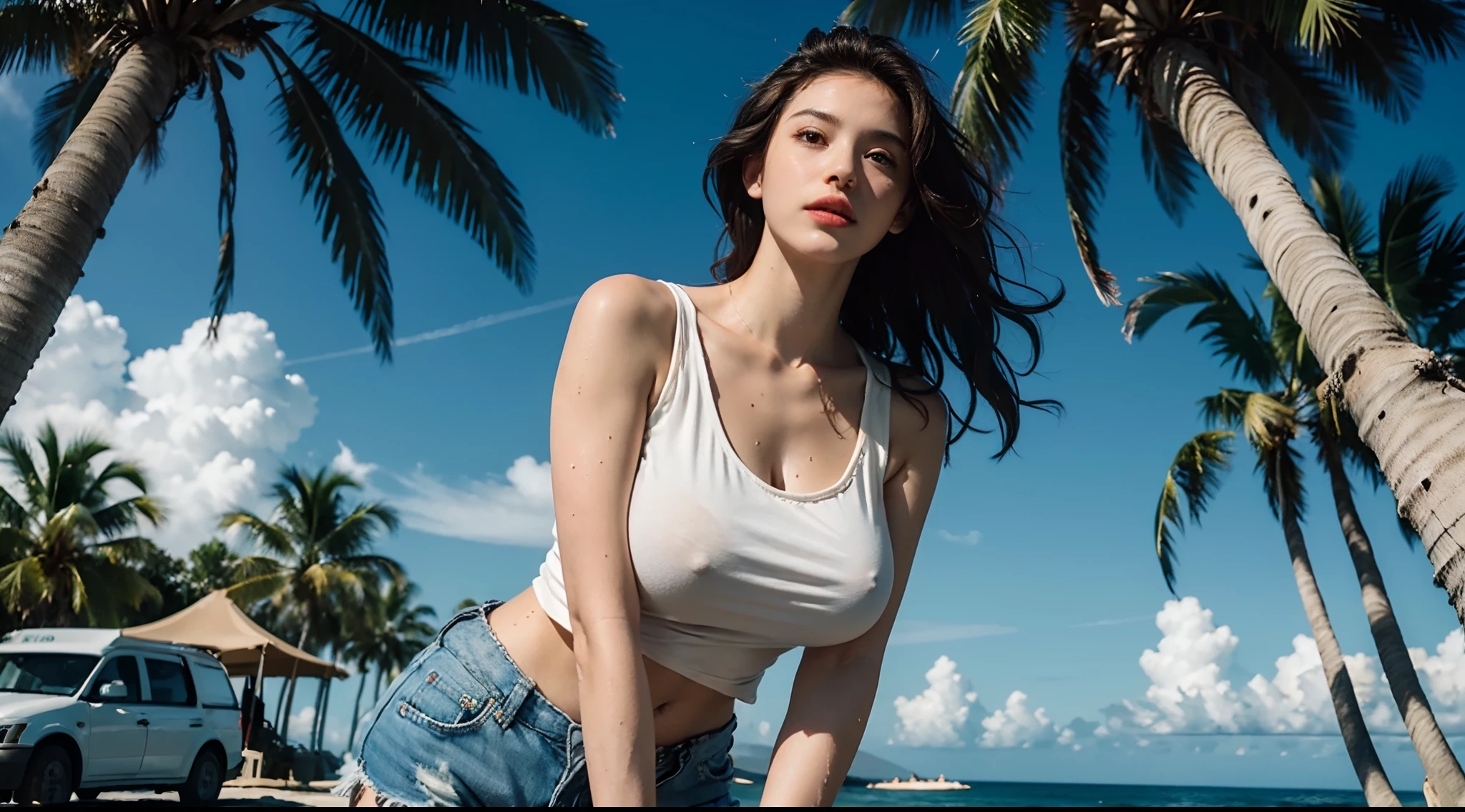 Best Quality, Masterpiece, The ultra-Highres, (Photorealistic:1.4), 1Girl, (Brunette hair:1), (Huge breasts:1.2), (erect nipples), looking up at viewer, closeup shot, seaside, waves, palm tree, White tank top and ripped shorts, seaside, waves, palm tree, seaside, waves, palm tree, seaside, waves, palm tree, seaside, waves, palm tree, (erect nipples), White tank top and ripped shorts, White tank top and ripped shorts, White tank top and ripped shorts, (wet shirt)
