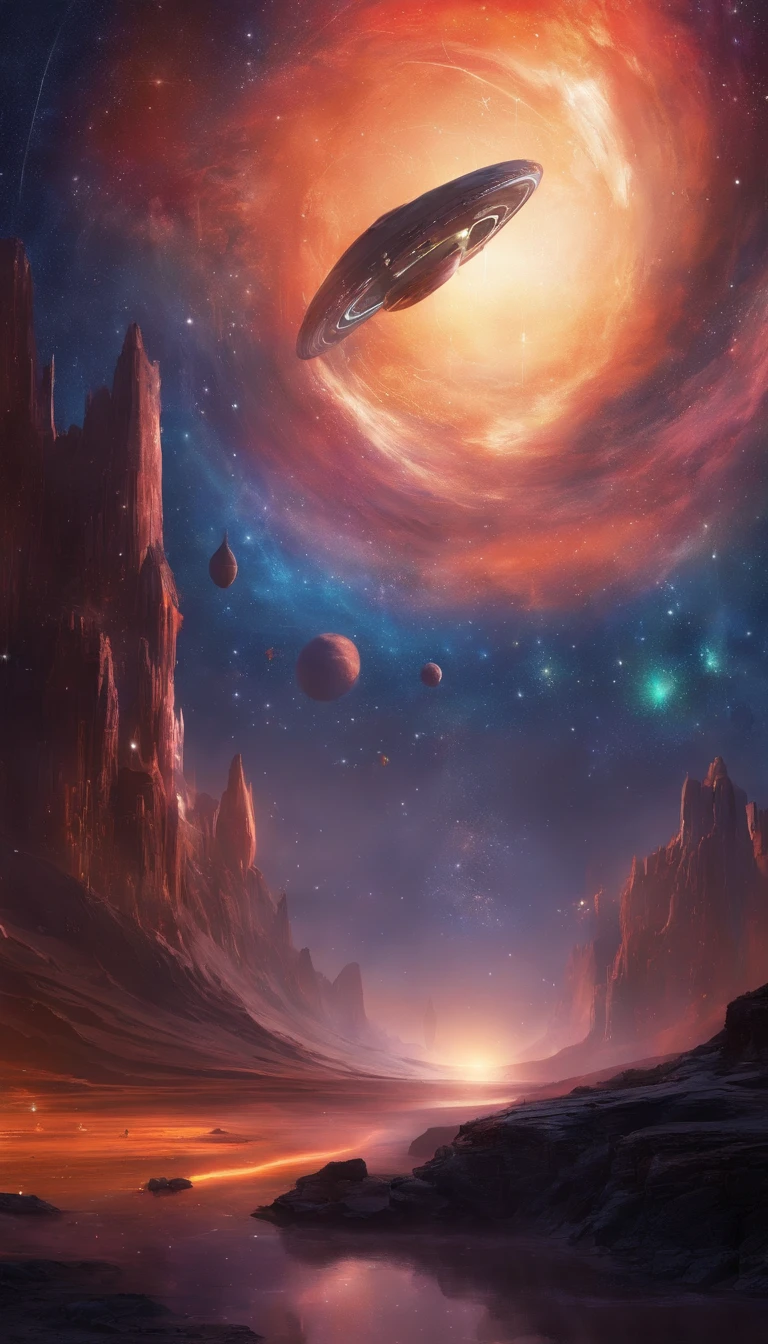 ((Masterpiece))，(Best quality))，Magnificent space image scene，heavenly body，Interstellar，（（Huge star gates）），black hole，（（（Huge starship））），Spaceship，Shining starry sky，8K，super-fine，high qulity