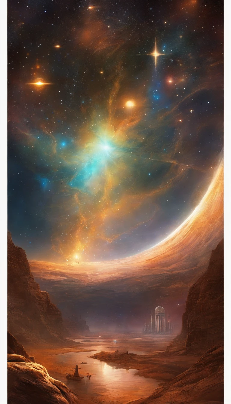 ((Masterpiece)),(Best quality)),Magnificent space image scene,heavenly body,Interstellar,((Huge star gates)),black hole,(((Huge starship))),Spaceship,Shining starry sky,8K,super-fine,high qulity