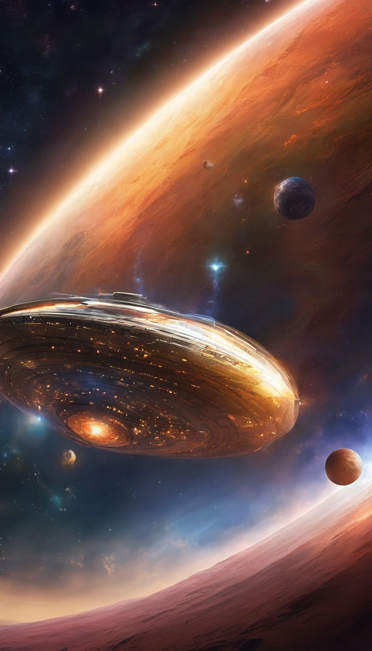 ((Masterpiece)),(Best quality)),Magnificent space image scene,heavenly body,Interstellar,((Huge star gates)),black hole,(((Huge starship))),Spaceship,Shining starry sky,8K,super-fine,high qulity