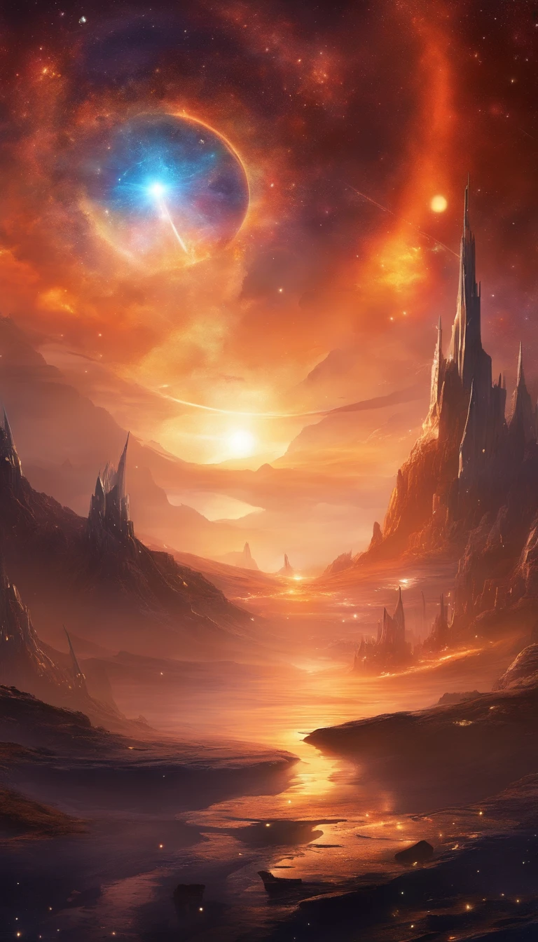 ((Masterpiece)),(Best quality)),Magnificent space image scene,heavenly body,Interstellar,((Huge star gates)),black hole,(((Huge starship))),Spaceship,Shining starry sky,8K,super-fine,high qulity