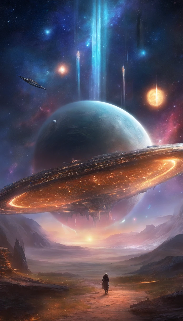 ((Masterpiece))，(Best quality))，Magnificent space image scene，heavenly body，Interstellar，（（Huge star gates）），black hole，（（（Huge starship））），Spaceship，Shining starry sky，8K，super-fine，high qulity