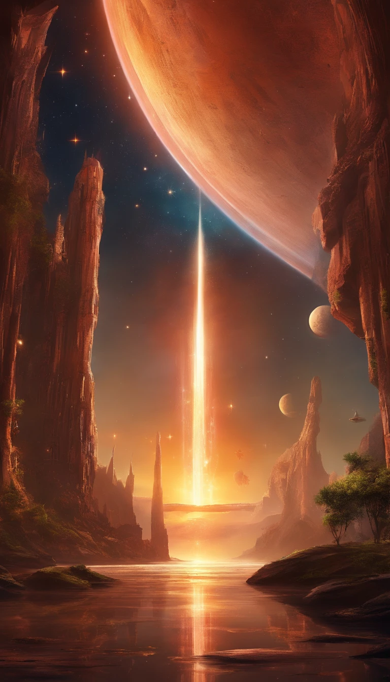 ((Masterpiece)),(Best quality)),Magnificent space image scene,heavenly body,Interstellar,((Huge star gates)),black hole,(((Huge starship))),Spaceship,Shining starry sky,8K,super-fine,high qulity