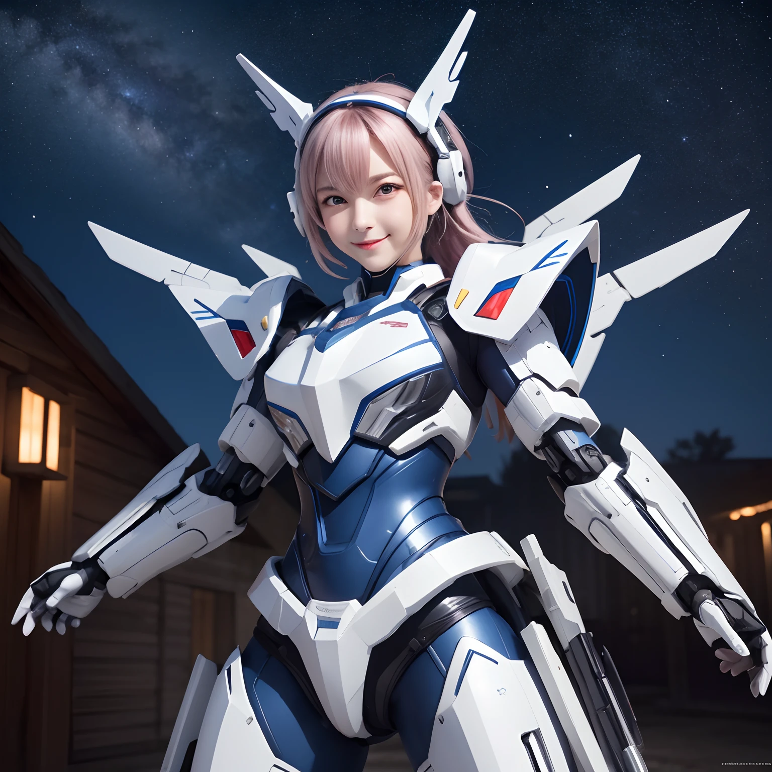 masterpiece,best quality,super detail,highly detailed illustration,highly detailed,complex detail,high resolution,ultra complex detail,highly detailed 8k cg wallpaper, mecha girl, machine parts, robot joint, headgear, 1girl,solo, mecha girl, blush,standing,cowboy shot, starry sky background, background, glowing white metallic armor, symmetrical full armor, symmetrical mechanical wing, funnel-mounted, high-leg, smile, being in the air, flying, holding and firing a beam rifle while flying, sniping with a beam rifle while flying,