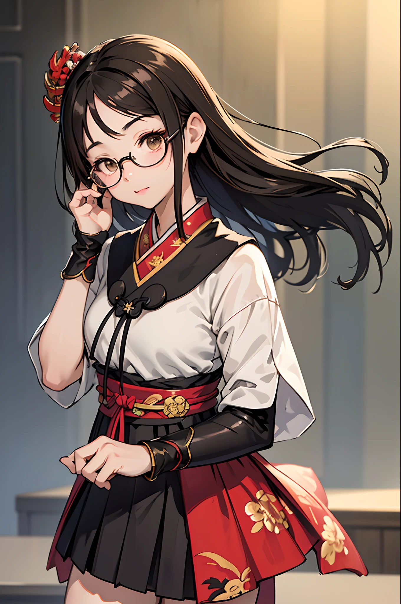 <lora:36é£é±¼_0.9 _æè£:0.8> white robe,chinese clothes,(Bracers:1.2),white robe,chinese clothes,, ultra detailed, masterpiece, best quality, aesthetic, detailed,, solo, smug smile, 1girl, purple eyes, red-framed eyewear, (black hair, red colored tips:1.2), red streaked hair, very long hair, side ponytail, tied hair, medium breasts,