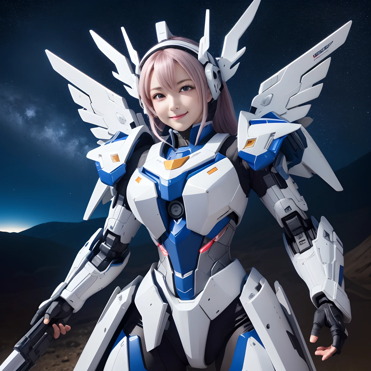 masterpiece,best quality,super detail,highly detailed illustration,highly detailed,complex detail,high resolution,ultra complex detail,highly detailed 8k cg wallpaper, mecha girl, machine parts, robot joint, headgear, 1girl,solo, mecha girl, blush,standing,cowboy shot, starry sky background, background, glowing white metallic armor, symmetrical full armor, symmetrical mechanical wing, funnel-mounted, high-leg, smile, being in the air, flying, holding and firing a beam rifle while flying, sniping with a beam rifle while flying,