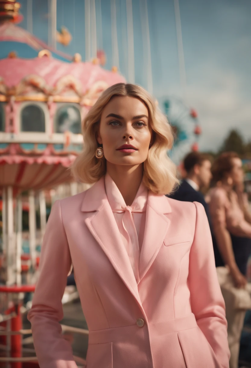60's retro-futuristic An amusement park natta femele full bodyesbian high fashion swedish, face of margot robbie a blond Pink Chanel Suit 20yr old merry-go-round wide angle, sexy hyper realistic, fashion photography, wes anderson