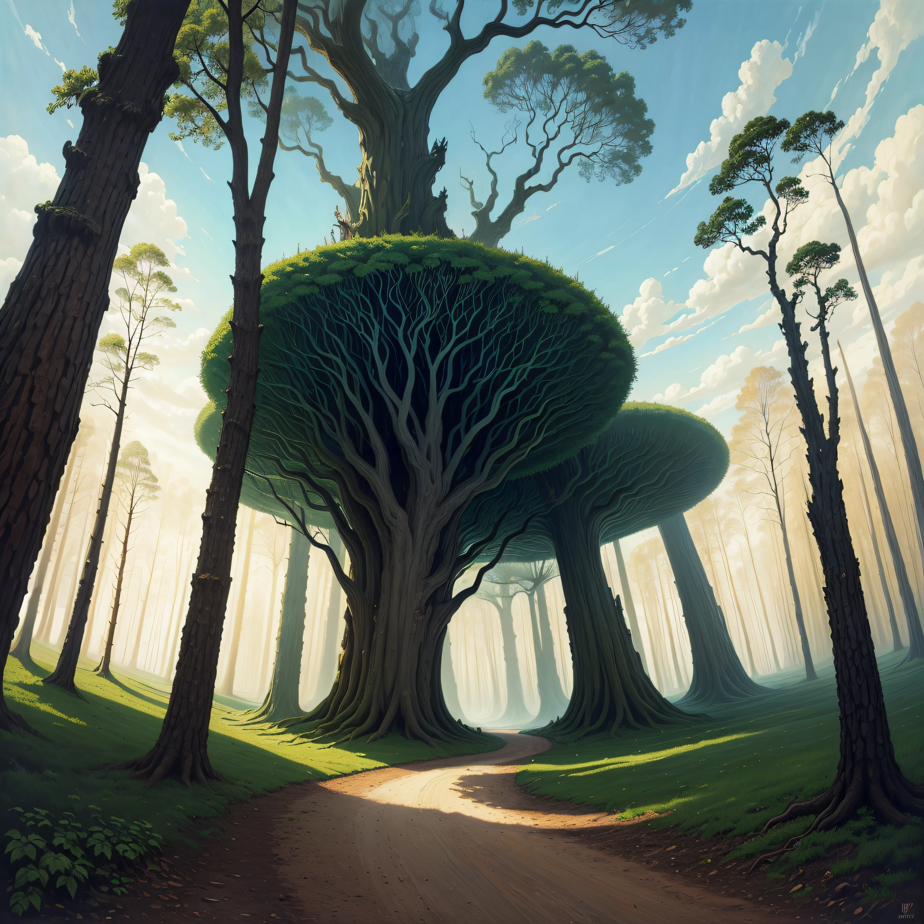 oil painting on canvas, Salvador Dalí style, A man walks along a crooked path in the forest among very strange trees, The trees are twisted in a spiral, Trees are intertwined with each other, Among the trees grow straight tall pines, The sky flows down to the earth in streaks