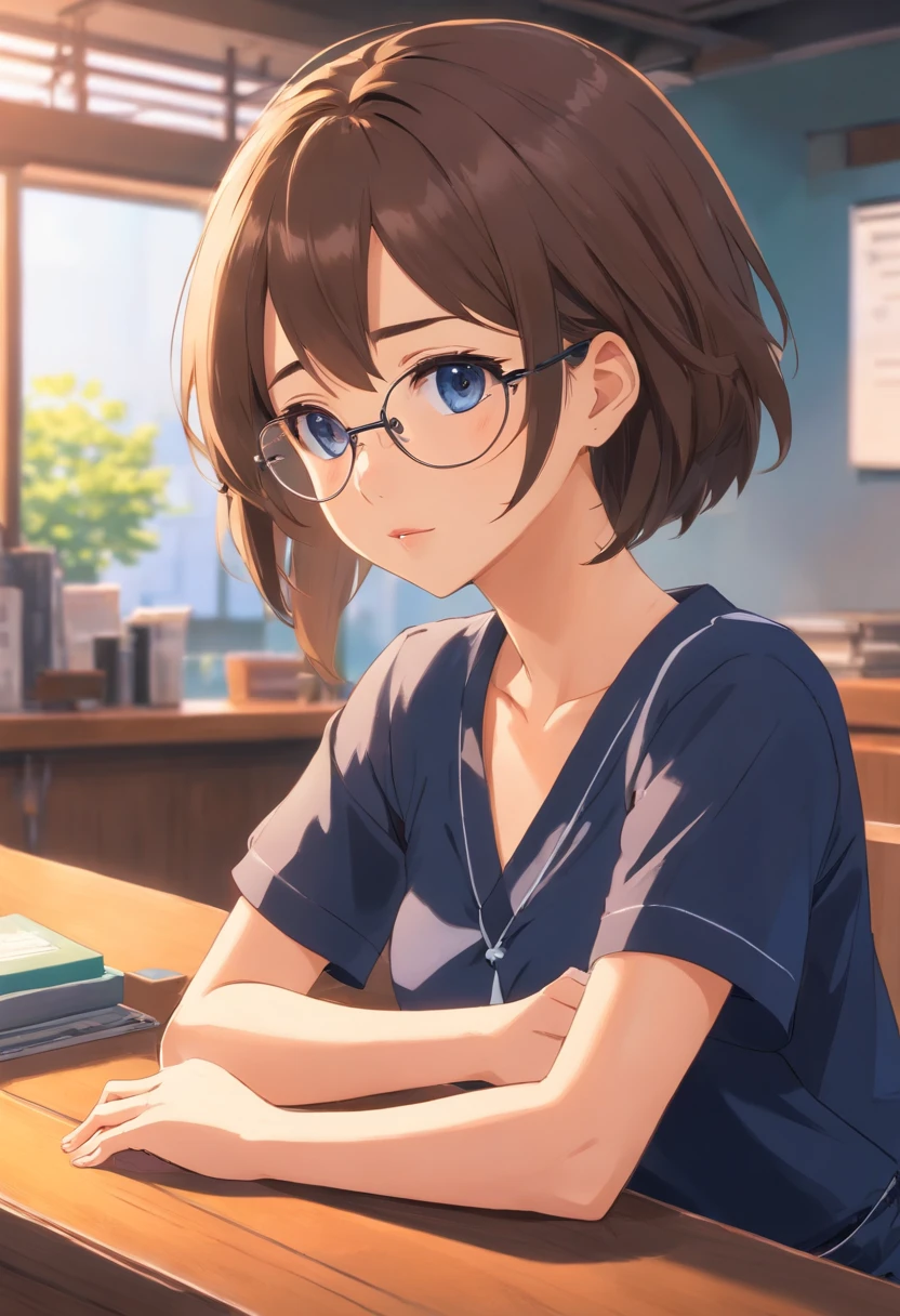 (best quality, high resolution), upper body portrait of a girl sitting in front of a wooden desk, wearing a black V-neck short-sleeved shirt and round metal-frame glasses. She is a Chinese girl with her hair tied back, and she rests her left hand on the mouse while gently supporting her chin with her right hand. She slightly purses her lips, with her eyes facing the camera.