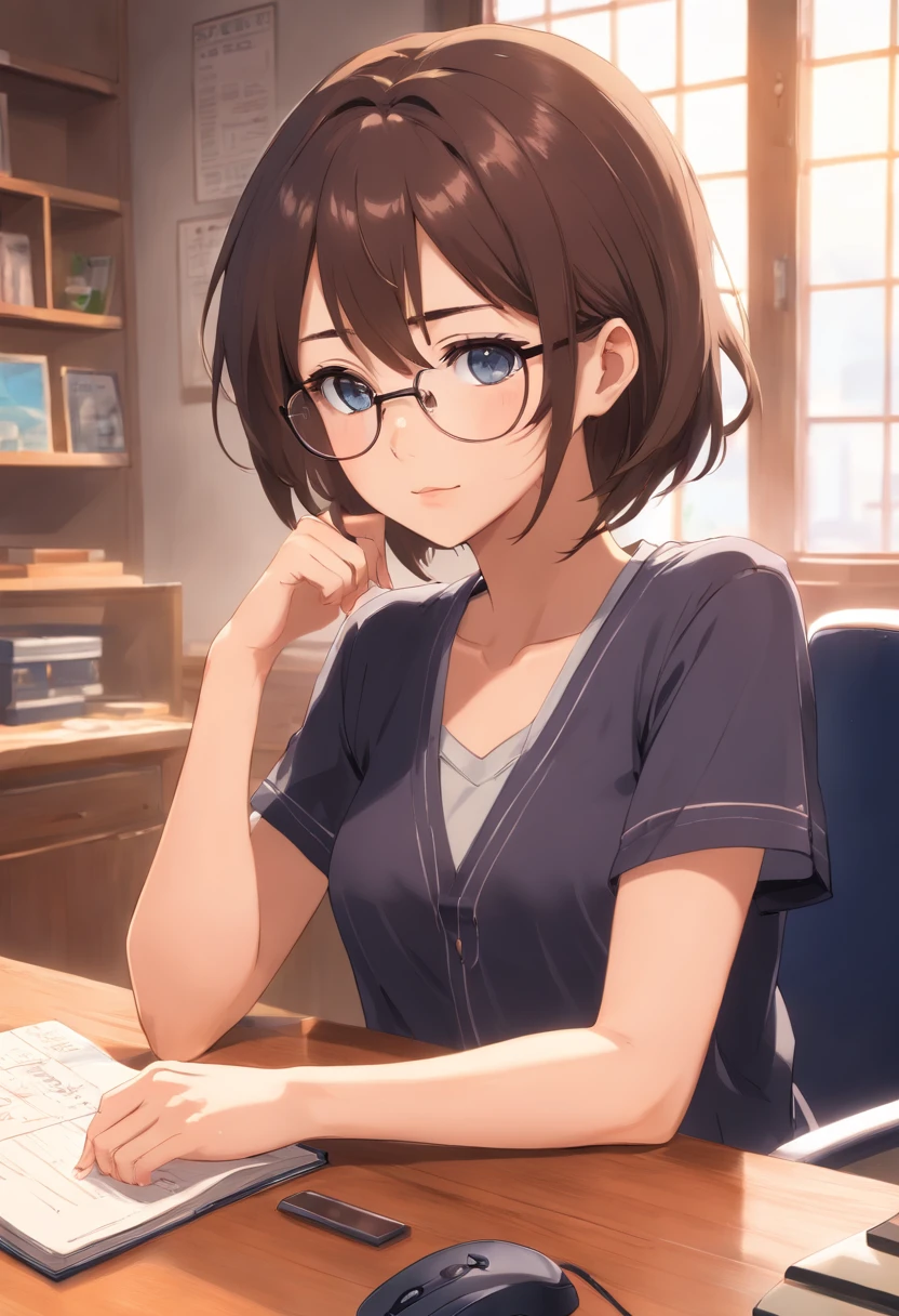 (best quality, high resolution), upper body portrait of a girl sitting in front of a wooden desk, wearing a black V-neck short-sleeved shirt and round metal-frame glasses. She is a Chinese girl with her hair tied back, and she rests her left hand on the mouse while gently supporting her chin with her right hand. She slightly purses her lips, with her eyes facing the camera.