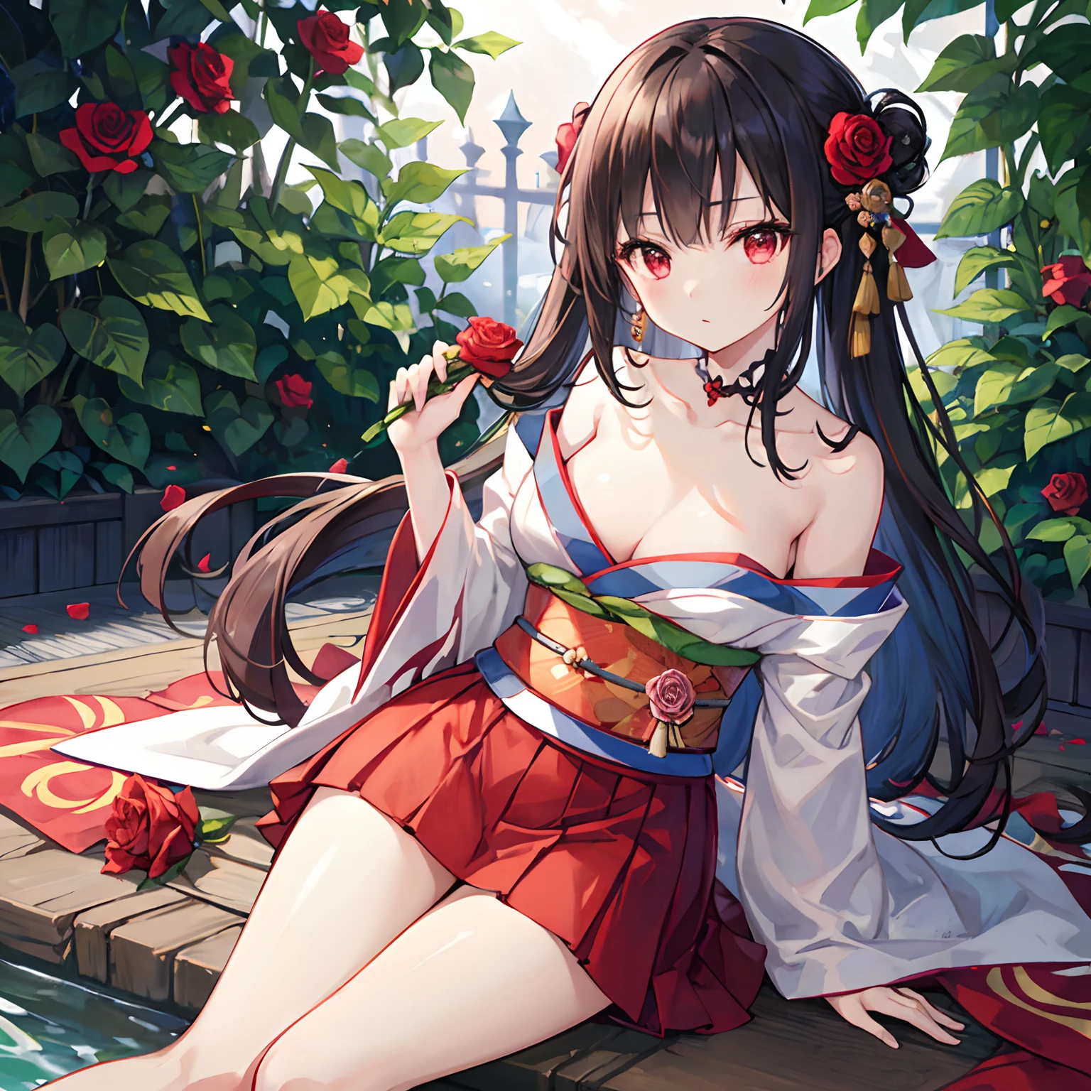 A dark-haired、red eyes、Beautiful girl alone、Kimono、off shoulders、a miniskirt、Bright red rose garden、sideways Facing