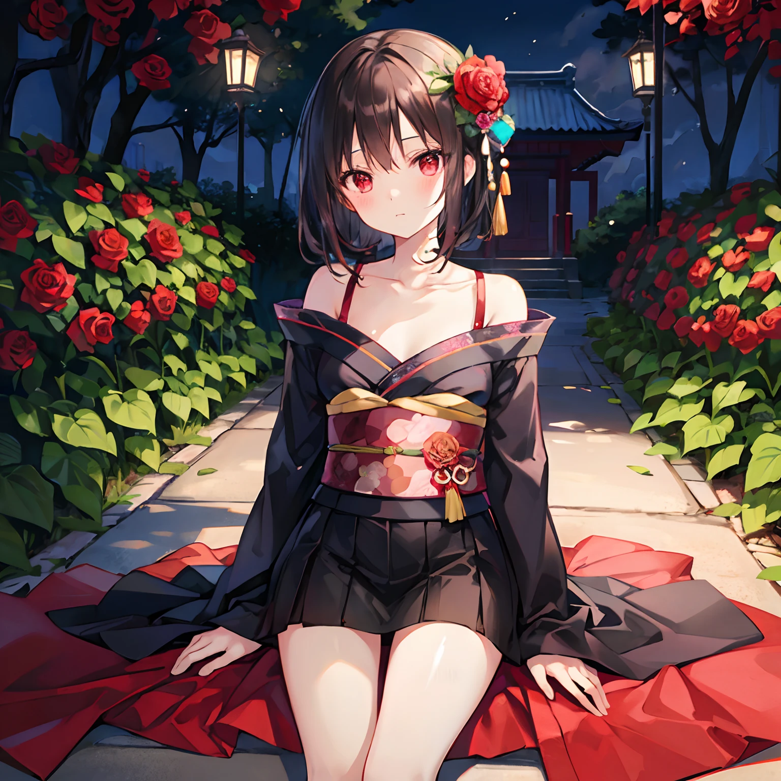 A dark-haired、red eyes、Beautiful girl alone、Kimono、off shoulders、a miniskirt、Bright red rose garden、sideways Facing