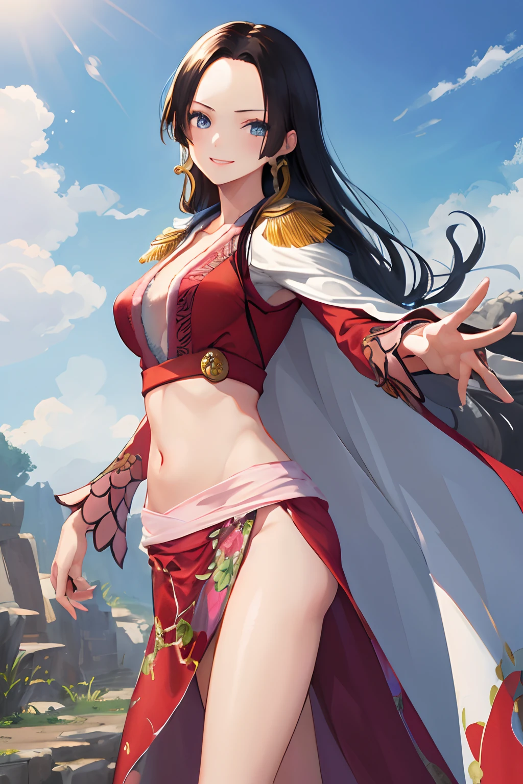 masterpiece, best quality, highres, hancock1, 1girl, boa hancock, large breasts, long hair, epaulettes, cape, crop top, side slit, cowboy shot, stading, outdoors, smile,