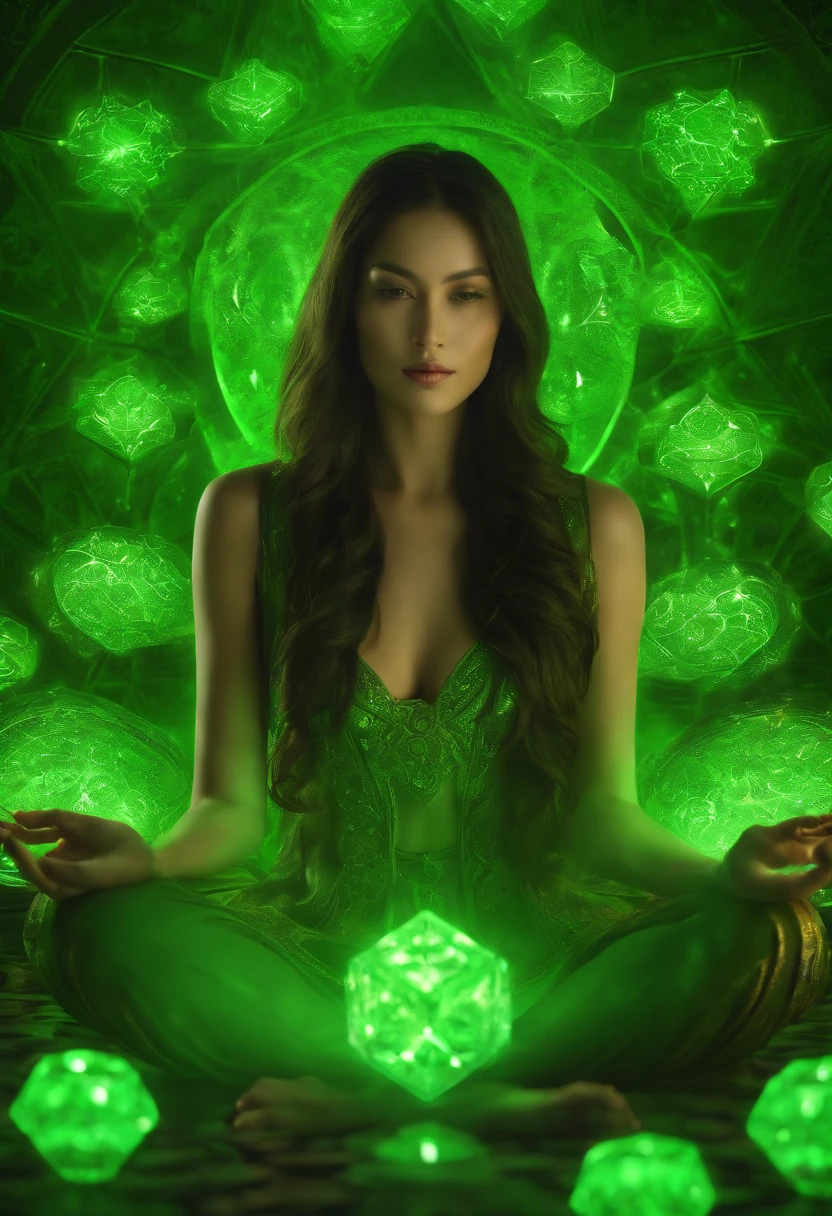 (Master parts:1.2),Best quality,Pisif,Taoist,(Meditation:1.1), soio,A sexy girl ,Meditation cross-legged, Bright green magic matrix, floats,Transparent,Realistic