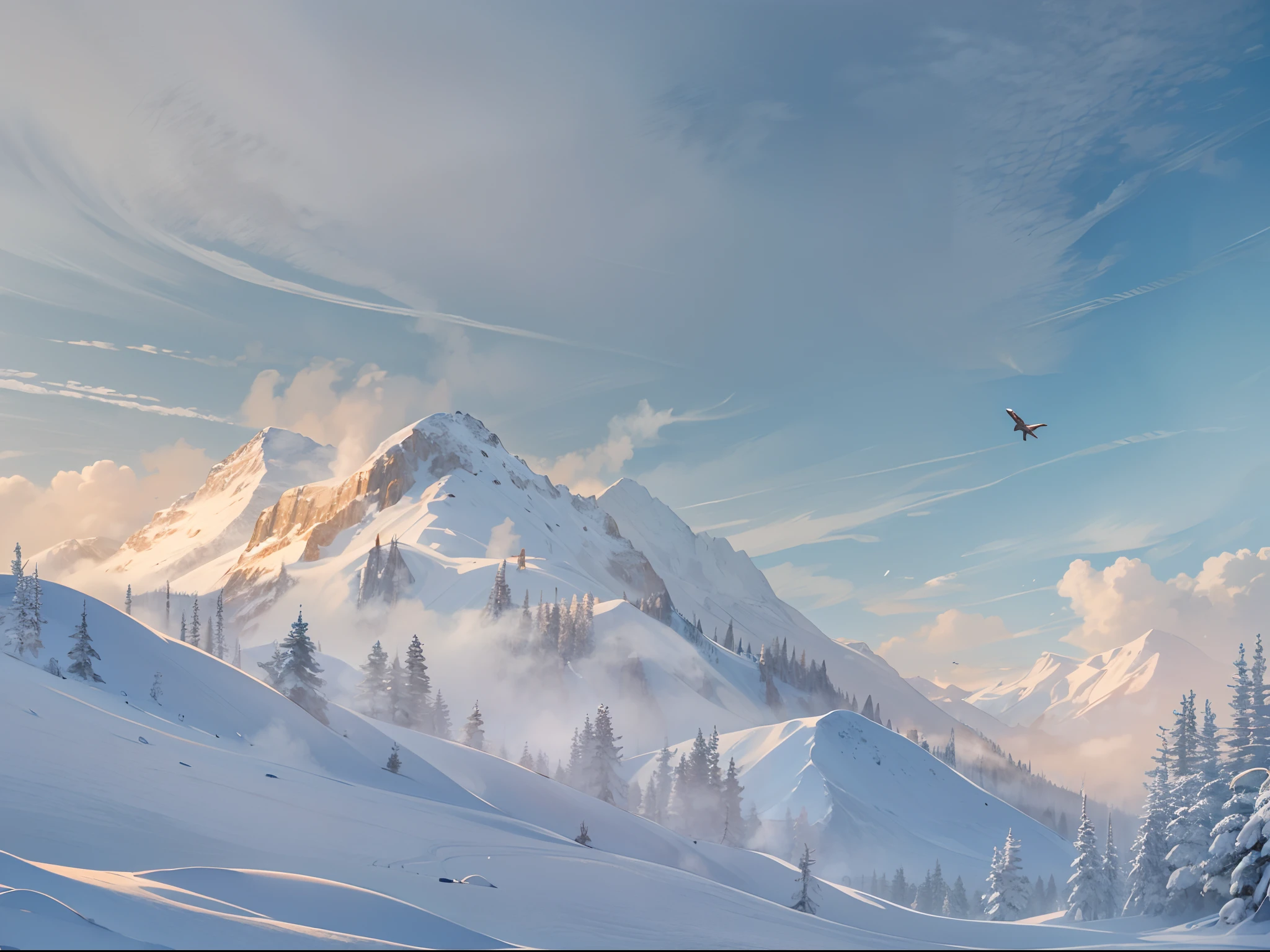 The mountains are World of silver, the sun is shining and the skis wind down fast, Is it powder snow or dancing mist that flies?