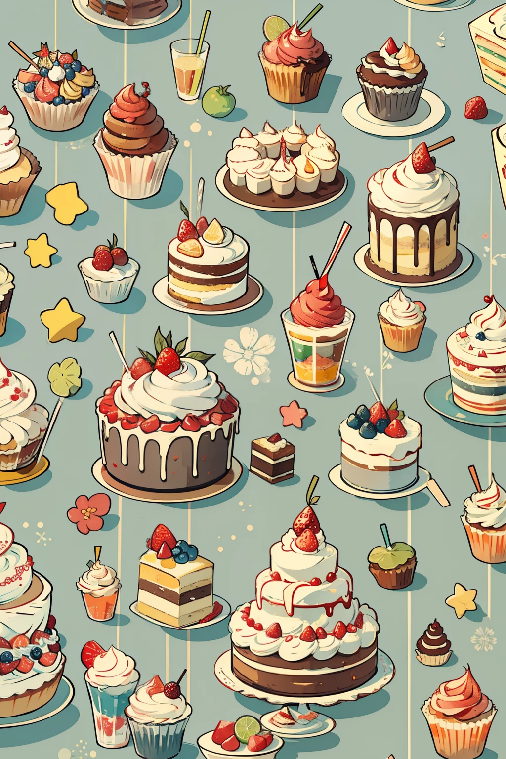 Various sweets and cakes, wall-paper, Gray background