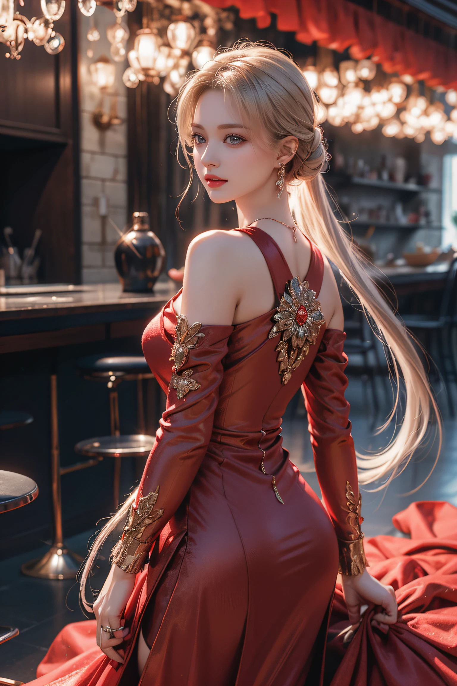 Top quality work，Photorealistic works，Ultra Premium Graphics，8K HD CG works，High-quality graphics，High-definition fine CG works，10x pixel，Ultra-fine details：1.1，Advanced technical details：1.1Photographically realistic，Indoor lighting effects：1.5，Natural light：1.5. light effect（Virtual Light Effects：1.8），超A high resolution，Shiny red dress，Long silver hair，Silver hair，Transparent hair，High Detail Hair（Premium Hair Detail：1.1）Clear eyes，Good looking double eyelids，Sharp eye makeup, Delicate makeup for eyelashes, Thin eyebrows, ultradetailed eyes，High Nose, lovely red lips, Rose cheeks, Face with delicate makeup , Pretty Face, A perfectly proportioned face,（Advanced facial details：1.1）Collection of shiny red luxury dresses，Bright red sequin dress，Sequin coat，shiny，Tight long skirt，Summer Sexy Hip Wrap Fishtail Sleeveless Commuter Maxi，Horse Stockings 100%Oil Gloss Panst Gloss Silk Luster 8D Black Silk Woman，stiletto heels，mitts，Beautiful long dresses，wonderful dress，Bright Red Series，Haute Couture Dresses Collection，Dress Photography，Authentic dress works，In the banquet hall，Women's Artwork，full-body view，Goddess of Dress，真实感，amazing，Today's eyes are bright