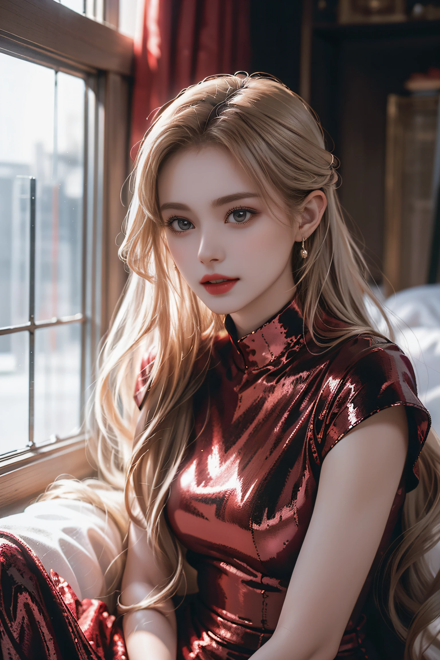 Top quality work，Photorealistic works，Ultra Premium Graphics，8K HD CG works，High-quality graphics，High-definition fine CG works，10x pixel，Ultra-fine details：1.1，Advanced technical details：1.1Photographically realistic，Indoor lighting effects：1.5，Natural light：1.5. light effect（Virtual Light Effects：1.8），超A high resolution，Shiny red dress，Long silver hair，Silver hair，Transparent hair，High Detail Hair（Premium Hair Detail：1.1）Clear eyes，Good looking double eyelids，Sharp eye makeup, Delicate makeup for eyelashes, Thin eyebrows, ultradetailed eyes，High Nose, lovely red lips, Rose cheeks, Face with delicate makeup , Pretty Face, A perfectly proportioned face,（Advanced facial details：1.1）Collection of shiny red luxury dresses，Bright red sequin dress，Sequin coat，shiny，Tight long skirt，Summer Sexy Hip Wrap Fishtail Sleeveless Commuter Maxi，Horse Stockings 100%Oil Gloss Panst Gloss Silk Luster 8D Black Silk Woman，stiletto heels，mitts，Beautiful long dresses，wonderful dress，Bright Red Series，Haute Couture Dresses Collection，Dress Photography，Authentic dress works，In the banquet hall，Women's Artwork，full-body view，Goddess of Dress，真实感，amazing，Today's eyes are bright