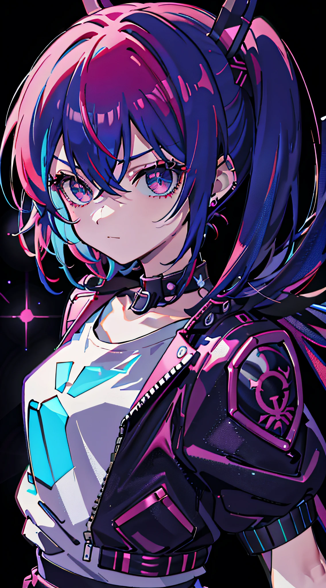 masutepiece, Best Quality, Colorful, Teenager with colorful pigtails wearing detailed leather jacket and anime t-shirt touching translucent panels, In dark voids filled with small strong light particles, Jacket from the shoulder, Front floating screen, Dramatic viewing angles, Dynamic Pose, (Close-up of face focus:1.2), Detailed headphone earrings cat with neon ears, Contrasty, Colorful hair, color combination, Bright, Red hair, Blue hair See all Depth of field, High resolution, high intricate detailed, Dramatic shadows, Global Illumination