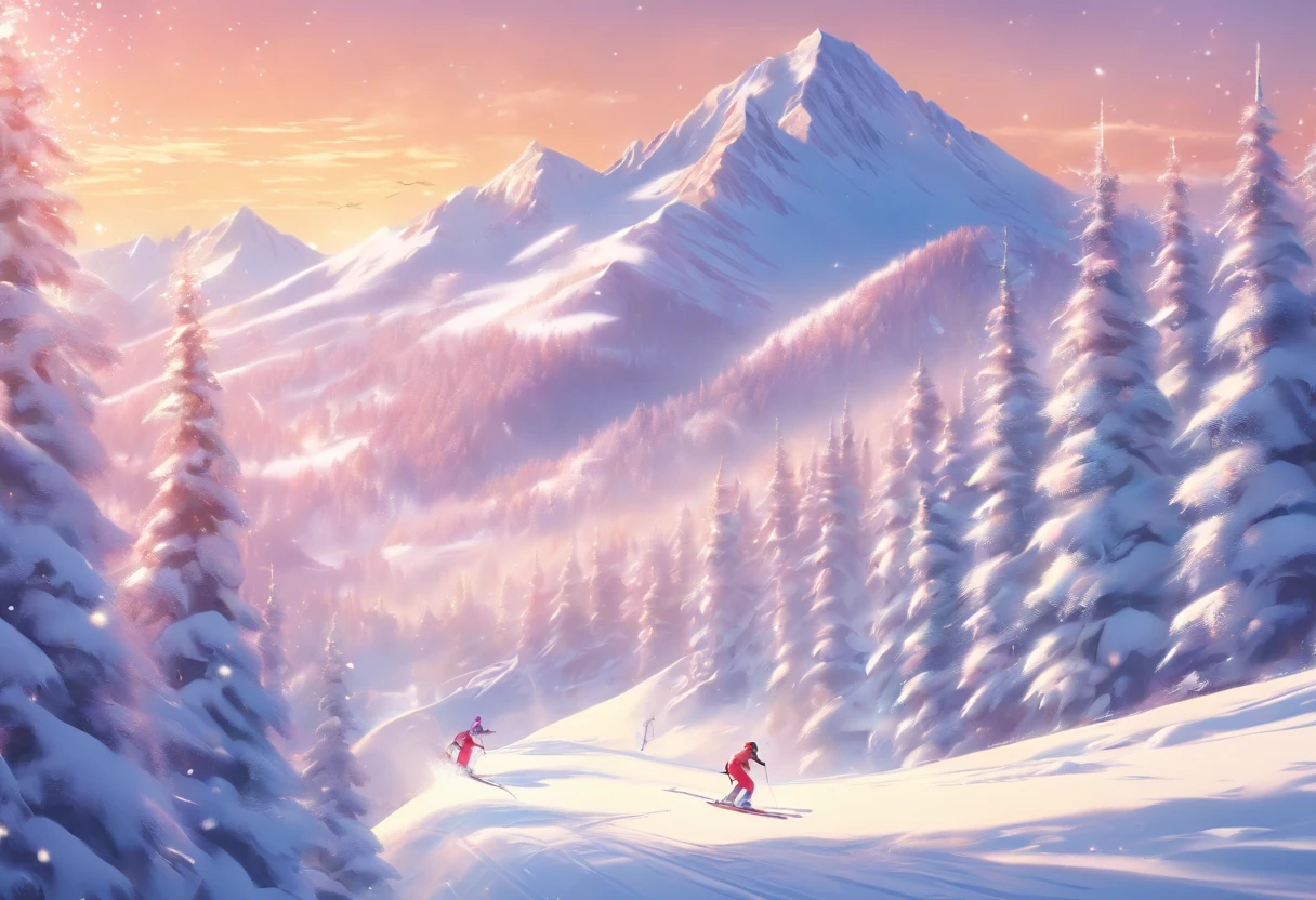(best quality,4k,8k,highres,masterpiece:1.2),ultra-detailed,(realistic,photorealistic,photo-realistic:1.37),mountains covered in glistening silver snow, sparkling under the radiant sunlight, skiers gliding down the slopes with incredible speed, capturing the breathtaking beauty of the winter wonderland. The powdery snow swirls in the air, resembling dancing mist, as it follows the skiers' every move. The skiers' tracks create a symphony of curves and lines on the pristine white canvas. The mountains stand tall and majestic, their peaks reaching towards the clear blue sky. The atmosphere is filled with excitement and a sense of freedom. The surrounding landscape is dotted with evergreen trees, providing a striking contrast against the snowy backdrop. The sunlight casts warm hues on the snow-covered slopes, creating a mesmerizing play of light and shadow. The skiers, dressed in vibrant winter gear, navigate the slopes with grace and skill. The air is crisp and fresh, invigorating both the skiers and the spectators. This artwork captures the exhilaration of skiing and the enchanting allure of the mountains in a spectacular display of natural beauty.