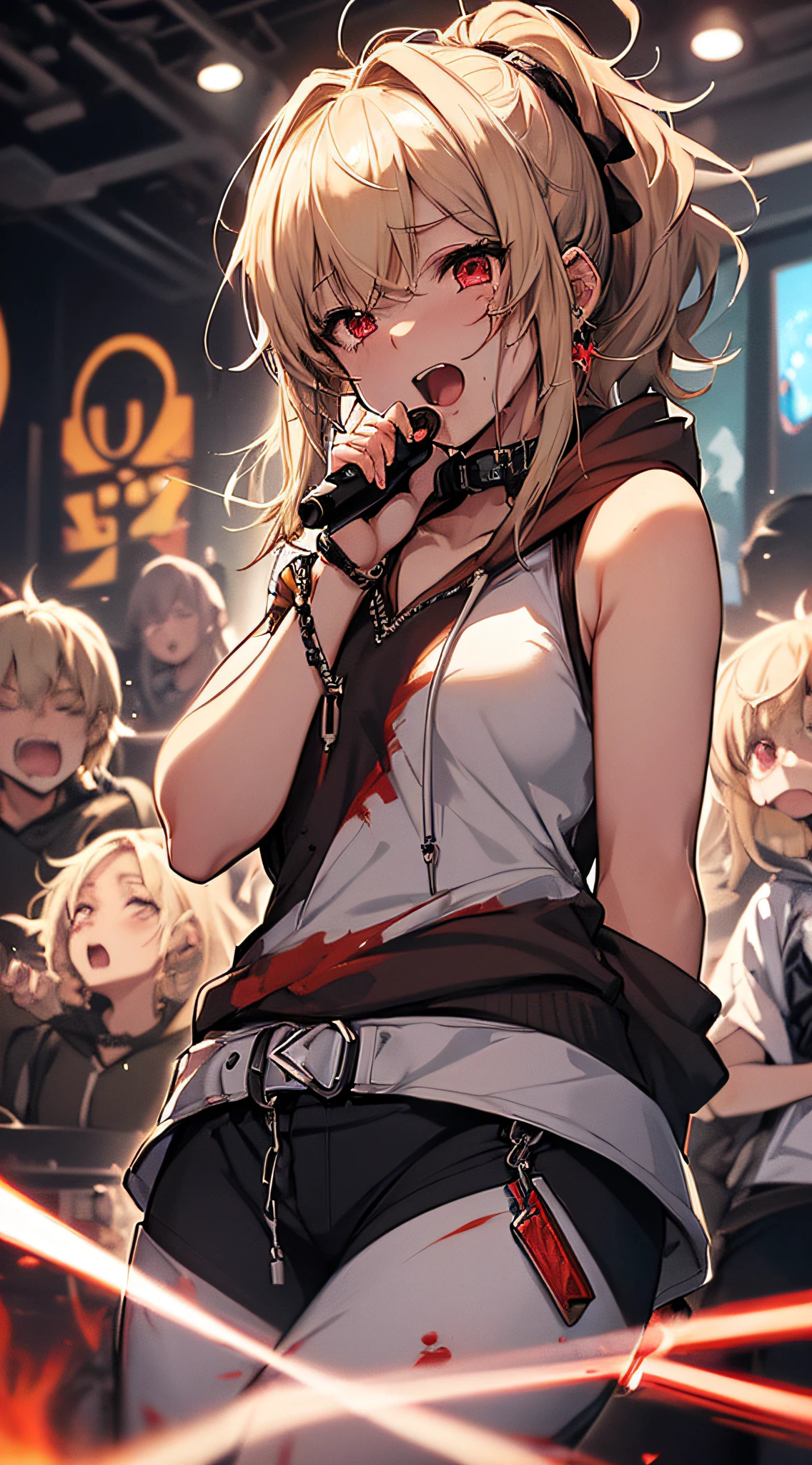 top-quality、Top image quality、​masterpiece、girl with((18year old、tatteredclothing、Black tank top、Black short-sleeved hoodie、White pants、Best Bust、Bust 85、a blond、disheveled ponytail、Red Eyes、open chest wide、Happiness、Return blood、Blood from the mouth、Chain Accessories、holding the mic、Voice bubbles(♡),Screaming face)）hiquality、visualart、Background with((Live performance venue、knight、Combustion Renditions、Laser Pointer))、