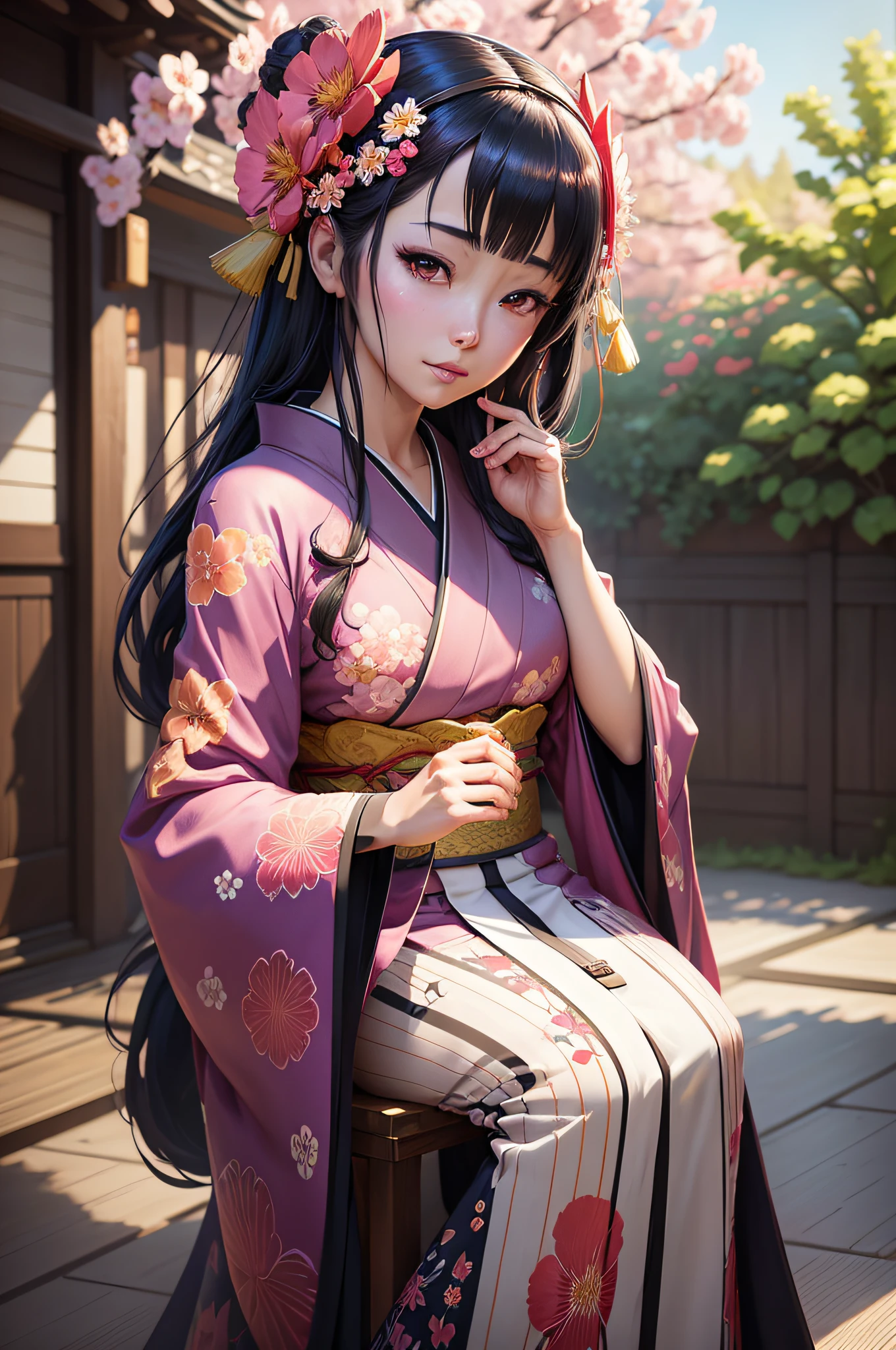 arafed woman in a kimono with flowers on her head, beautiful digital artwork, beautiful digital illustration, beautiful digital painting, gorgeous digital painting, artwork in the style of guweiz, photorealistic anime girl render, smooth anime cg art, beautiful digital art, great digital art with details, stunning digital illustration, detailed digital anime art, render of april, beautiful anime portrait