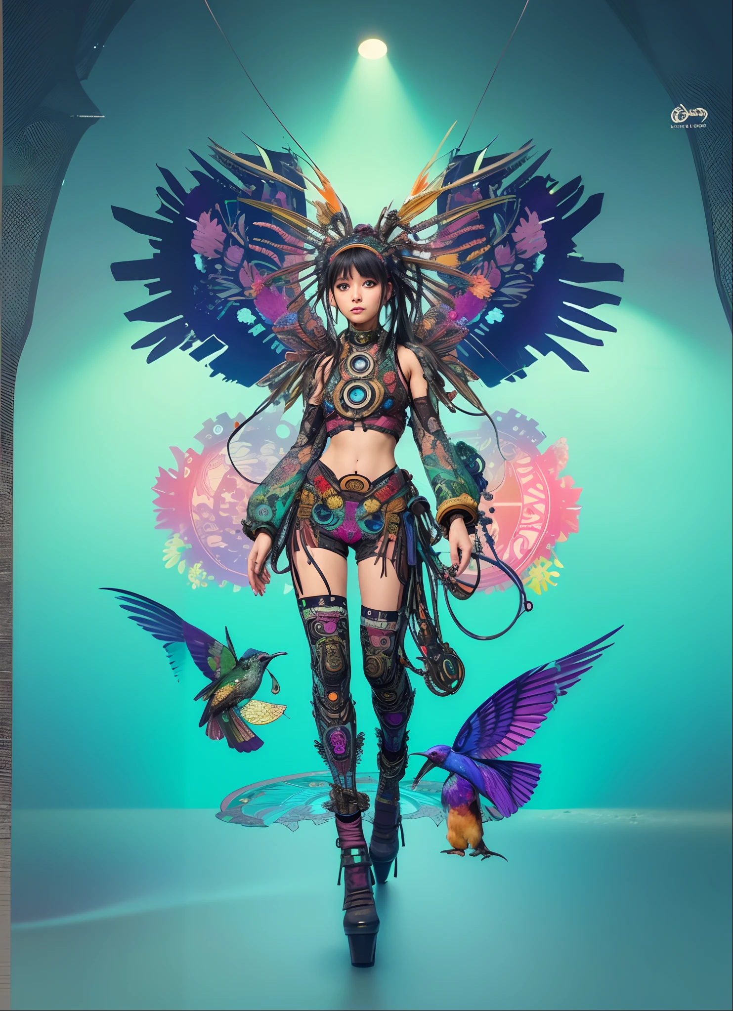 Woman in costume carrying bird and bird on her back, colorful sci-fi steampunk, Solarpunk Human, Digital Cyberpunk Anime Art, colorfull digital fantasy art, Vivid steampunk concept, digital cyberpunk - anime art, cyberpunk flowerpunk, digital steampunk art, Cyberpunk Anime Girl, steampunk beautiful anime woman, intricate ornate anime cgi style, Fashionable cyberpunk mechanoids
