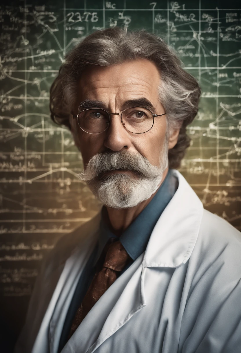 (super-detailed face, realistic lighting, vivid colors, high-resolution painting:1.1), genius, physics, blackboard, messy hair, intense gaze, iconic pose, aged, white lab coat, iconic mustache, deep wrinkles, piercing eyes, wise expression, scientific equations, historical figure, mathematical formulas, abstract background, scientific discovery, revolutionary scientist