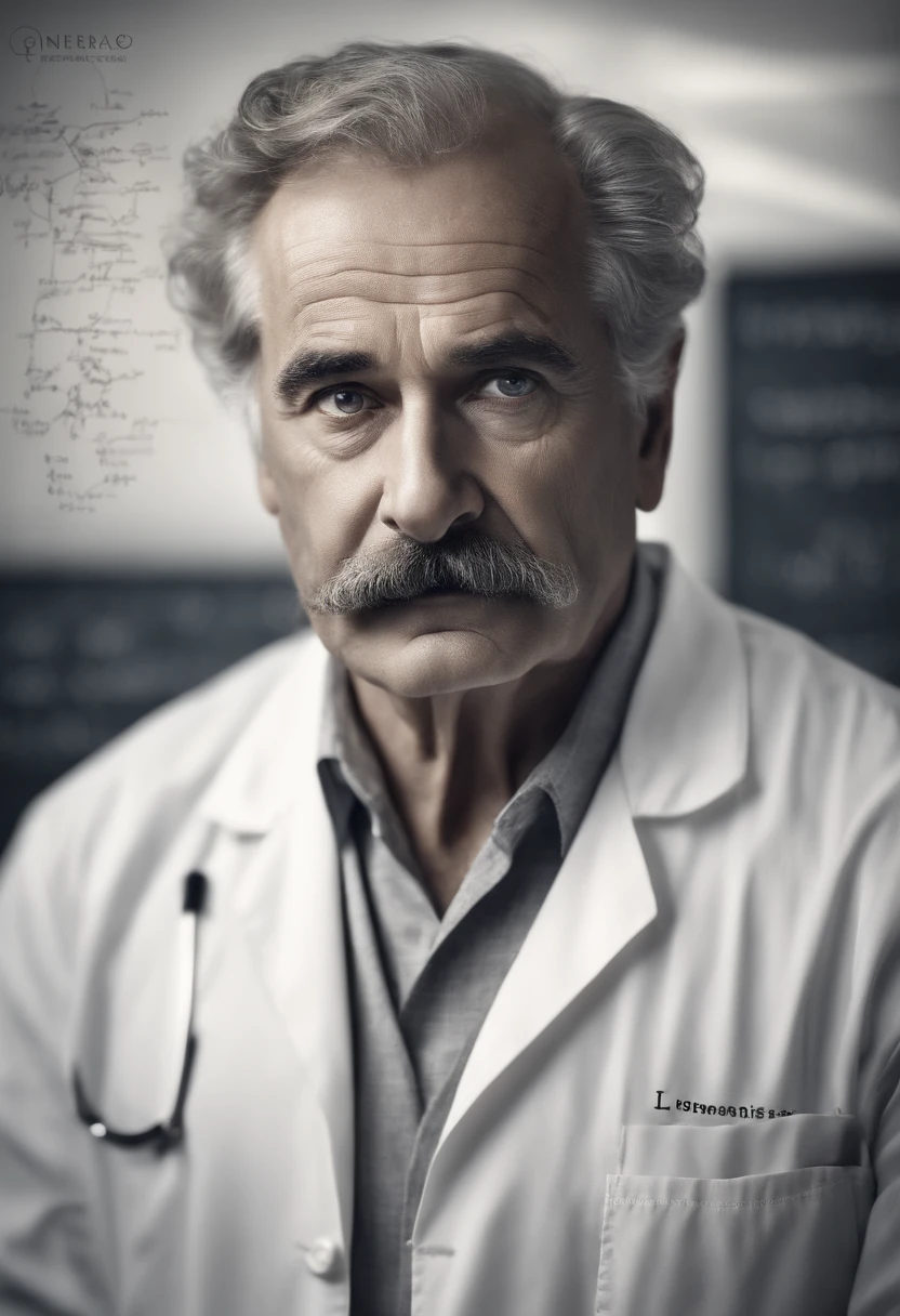 (super-detailed face, realistic lighting, vivid colors, high-resolution painting:1.1), genius, physics, blackboard, messy hair, intense gaze, iconic pose, aged, white lab coat, iconic mustache, deep wrinkles, piercing eyes, wise expression, scientific equations, historical figure, mathematical formulas, abstract background, scientific discovery, revolutionary scientist