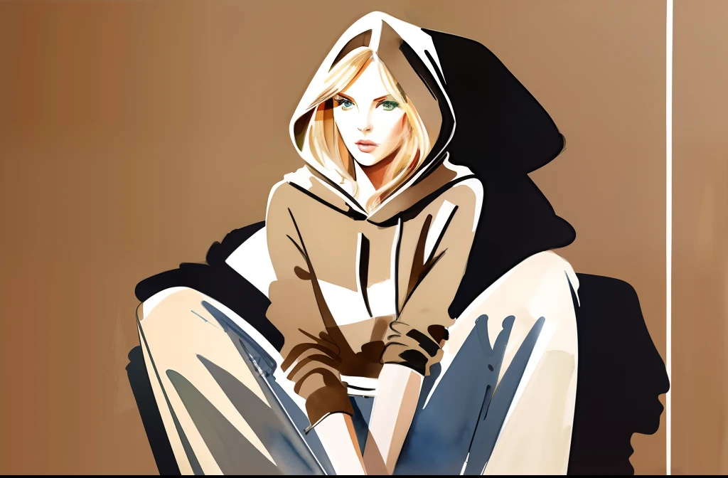 David downton fashion illustration, blonde woman, green eyes, beige hoodie, jeans, elegant, feminine style, watercolor art