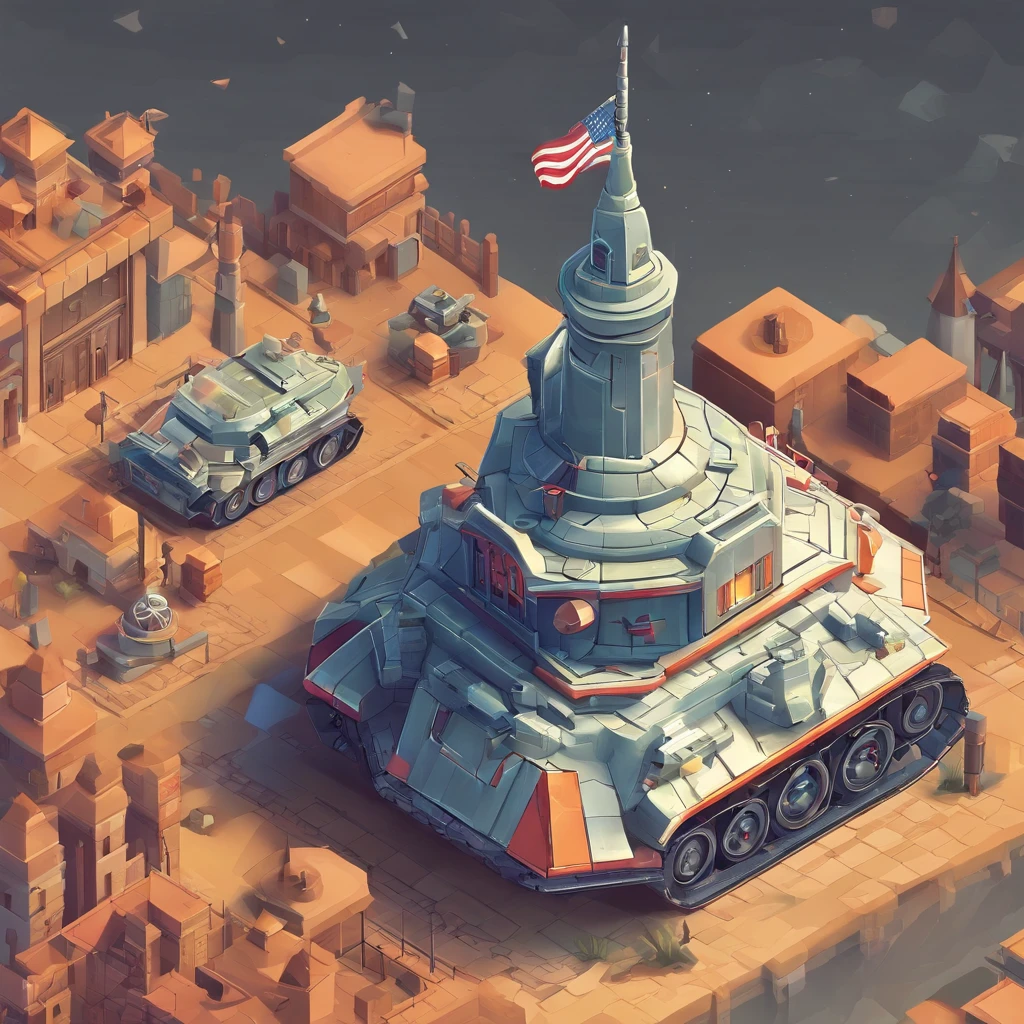 It is a turret that I will use for a tower defense game, it can shoot rapidly against enemies, it has a machine gun style mechanism, it has a style reflecting the 1950s USA