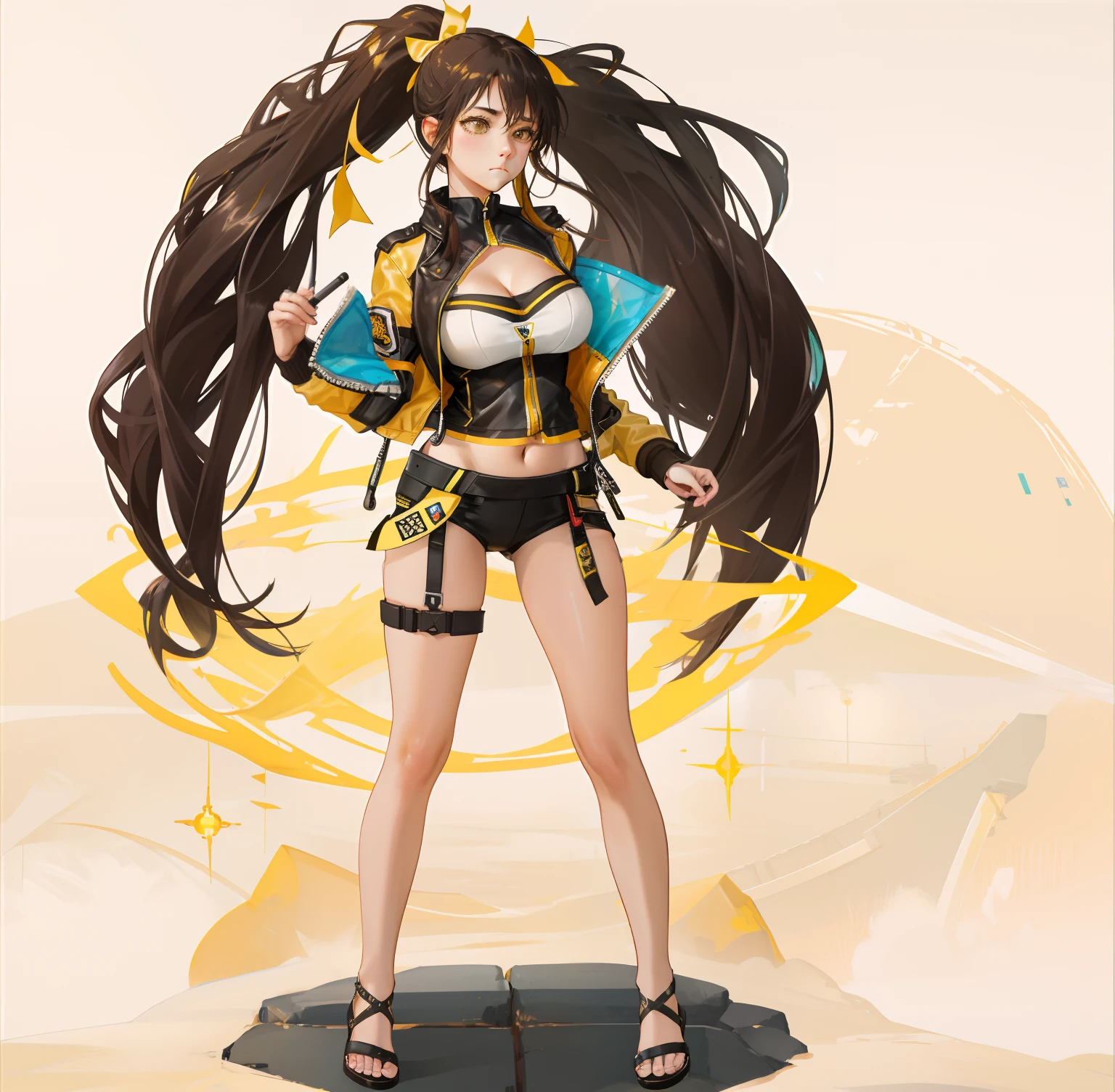sci-fy,Technology,Artisan girl,Tool Girl,artisans(Masterpiece), (art work),HighestQuali (Amazing work), (Detailed eyes), (Delicate skin), Lori huge breasts cleavage,teens girl,chiquita,Bare,stupid looking,Round eyes,Brown double ponytail,The ends of the hair glow(yellow flash)(Yellow pupil)Black silk clothes,Leather jacket,exposing your navel,(navel),welfare,expression,Delicate skin,Very delicate skin,(Smooth skin)Super slippery thighs,Strangulation,Operation Tsundere,Fascinating,Attractive,Delicate face,Exquisite graphics
