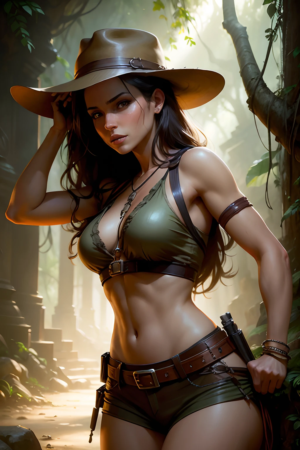 photorealistic portrait, sexy female Indiana Jones,lost temple in jungle,Craig Mullins,Raymond Swanland