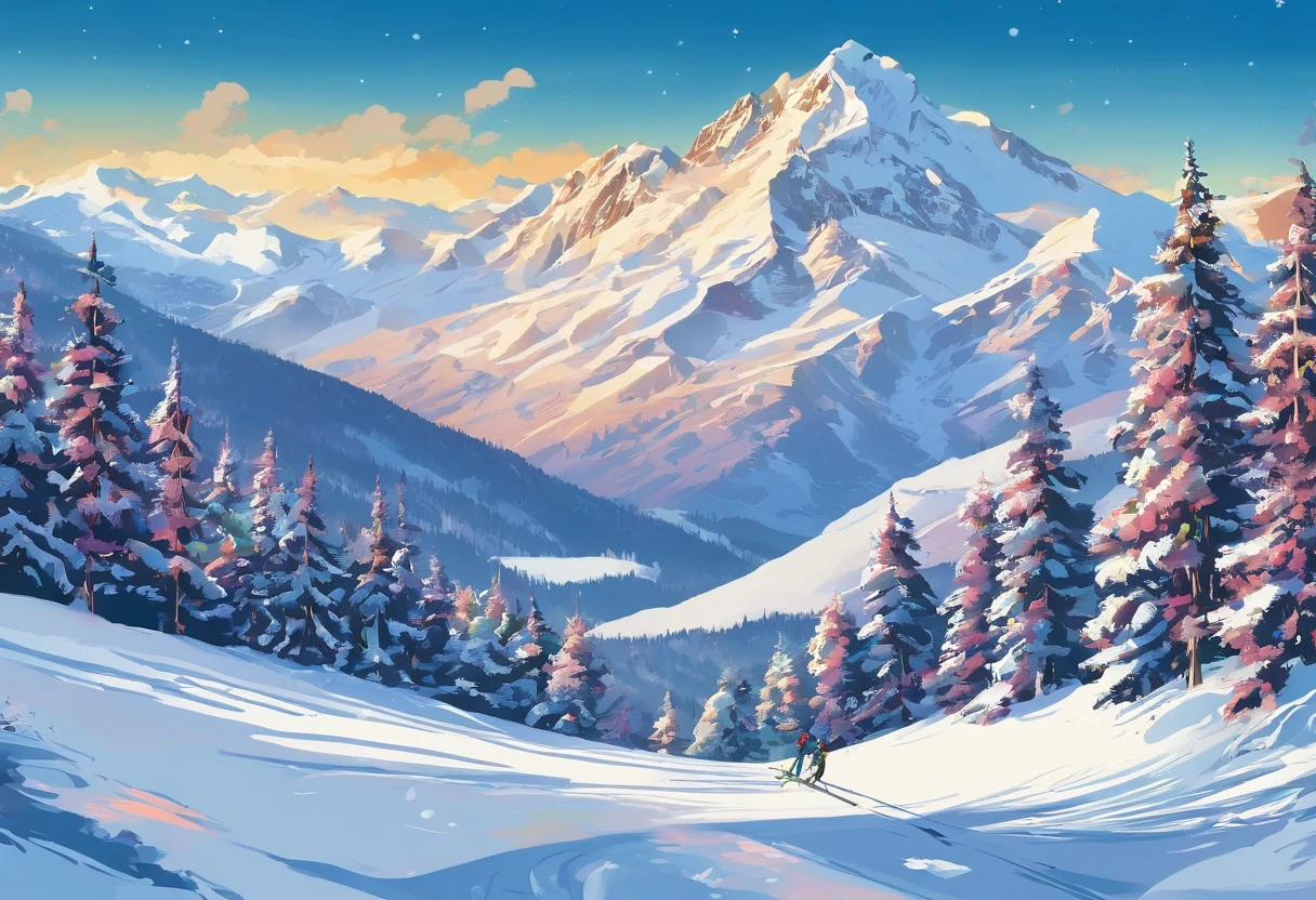 (best quality,4k,8k,highres,masterpiece:1.2),ultra-detailed,(realistic,photorealistic,photo-realistic:1.37),mountains covered in glistening silver snow, sparkling under the radiant sunlight, skiers gliding down the slopes with incredible speed, capturing the breathtaking beauty of the winter wonderland. The powdery snow swirls in the air, resembling dancing mist, as it follows the skiers' every move. The skiers' tracks create a symphony of curves and lines on the pristine white canvas. The mountains stand tall and majestic, their peaks reaching towards the clear blue sky. The atmosphere is filled with excitement and a sense of freedom. The surrounding landscape is dotted with evergreen trees, providing a striking contrast against the snowy backdrop. The sunlight casts warm hues on the snow-covered slopes, creating a mesmerizing play of light and shadow. The skiers, dressed in vibrant winter gear, navigate the slopes with grace and skill. The air is crisp and fresh, invigorating both the skiers and the spectators. This artwork captures the exhilaration of skiing and the enchanting allure of the mountains in a spectacular display of natural beauty.