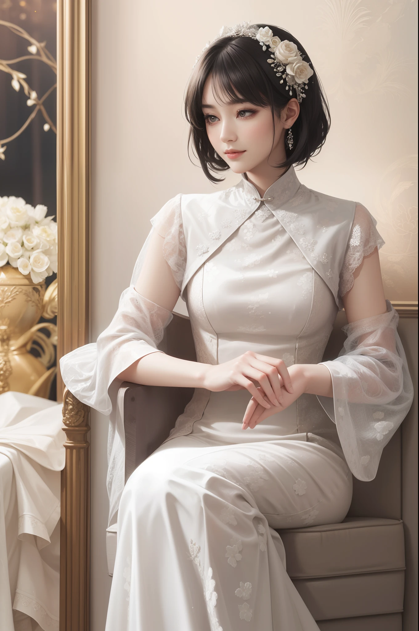 ((Best Quality))), (8K picture quality), ((masutepiece)), (Very sophisticated、Beautiful fece), (wearing dresses) , (1womanl), (Black Shorthair), Dress up, with floral pattern, Soft silk fabric, 电影灯光, Gentle expression, A slight smil, Luxurious interior