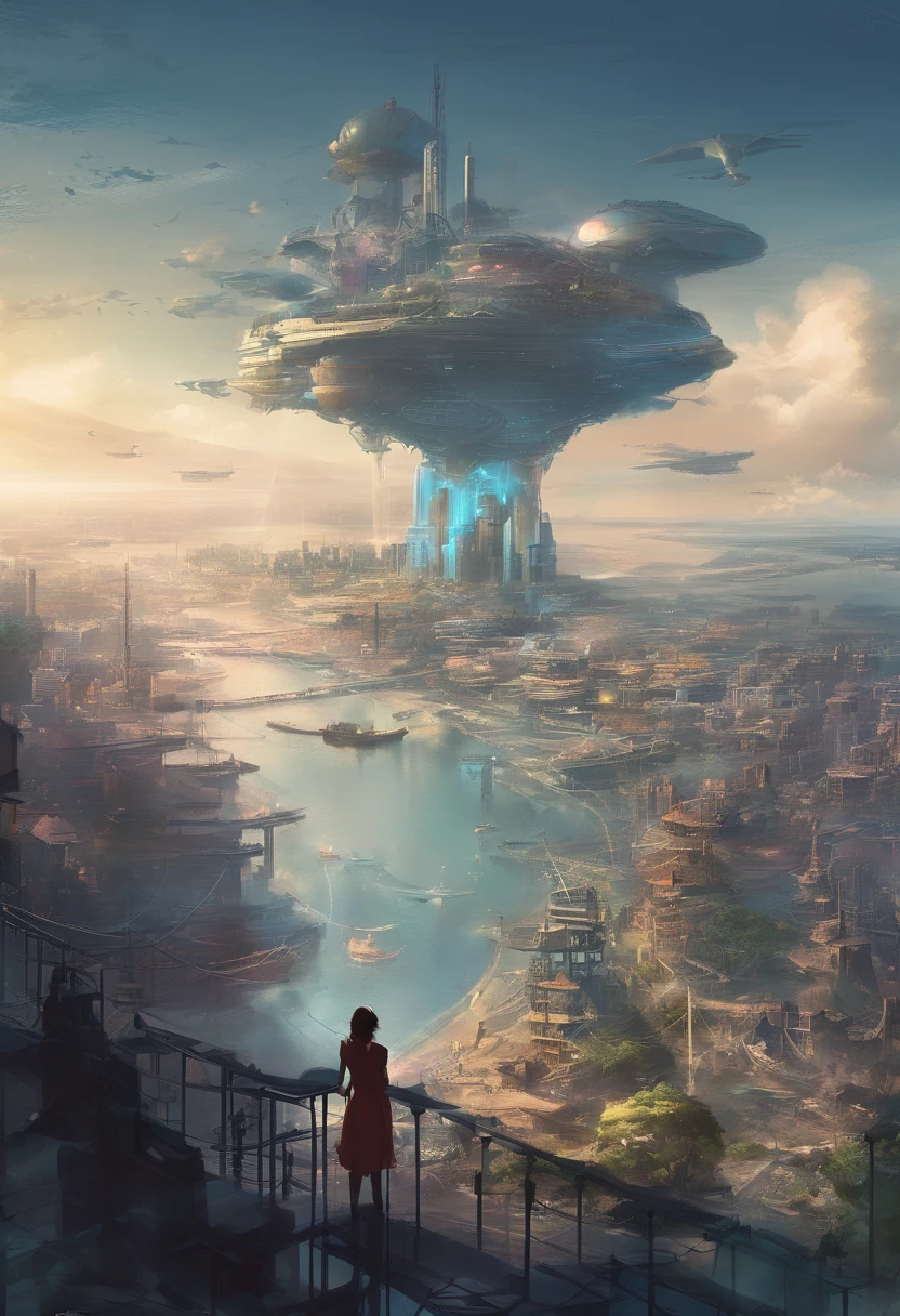 Maritime city,sense of science and technology,Future City,There are spaceships in the sky,There are giant ships in the sea,Beautiful woman looking out over the city。