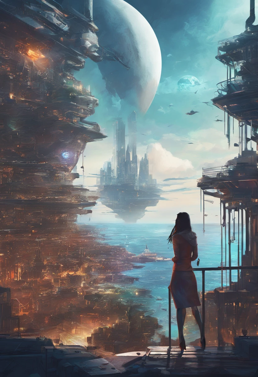 Maritime city,sense of science and technology,Future City,There are spaceships in the sky,There are giant ships in the sea,Beautiful woman looking out over the city。