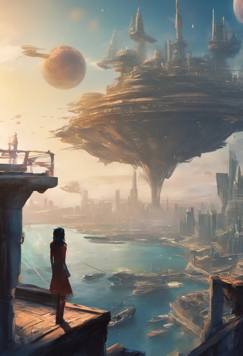 Maritime city,sense of science and technology,Future City,There are spaceships in the sky,There are giant ships in the sea,Beautiful woman looking out over the city。