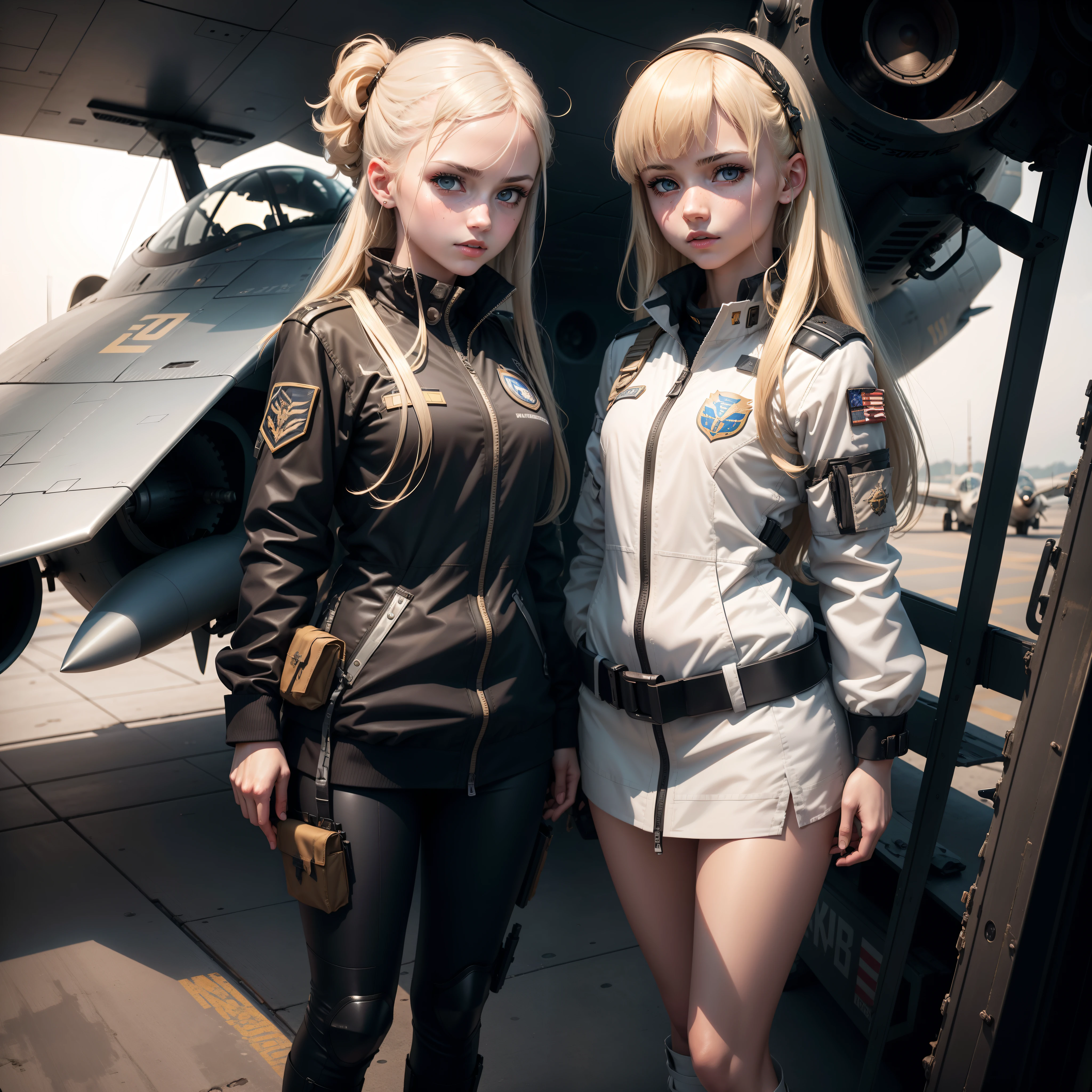Two Ukrainian girls boarding a fighter plane , Background is the deck of an aircraft carrier and a fighter aircraft,Ukrainian anime girls , , Ukraine , Full body composition of young girl with messy bright blonde hair, eye make up, , Soft lighting, Solo, Old torn dirty shabby futuristic military uniform, badges, Pose, Blotch color, Octane Render, Hyperrealistic intricate detail, Cinematic, 8K resolution, 70mm, Accent Lighting, Global Illumination, Full body portrait, clean detailed faces, intricate clothing, Cute face, flat chest, Slim waist, Slim legs, small hips,Pilot's clothing,Holding a fighter helmet in your hand,