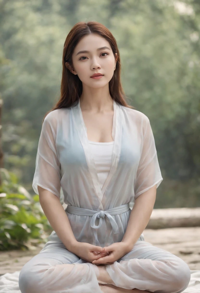 (Master parts:1.2),Best quality,Pisif,Taoist,(Meditation:1.1), soio,A girl with big breasts in transparent pajamas ,Meditation cross-legged， Sweat all over your body, Floats，Transparent,Realistic