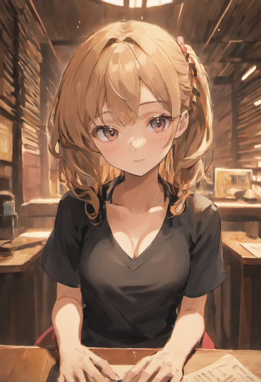 (best quality, high resolution), front-facing photograph of the upper body portrait of a girl sitting at a wooden table, wearing a black V-neck short-sleeved shirt and round metal-framed glasses. She is a Chinese girl with her hair tied back in a middle part, placing her left hand on the mouse while gently cradling her chin with her right hand. She slightly purses her lips, and her eyes gaze directly at the camera. The background consists of blinds with a glimpse of a laptop in the bottom left corner.