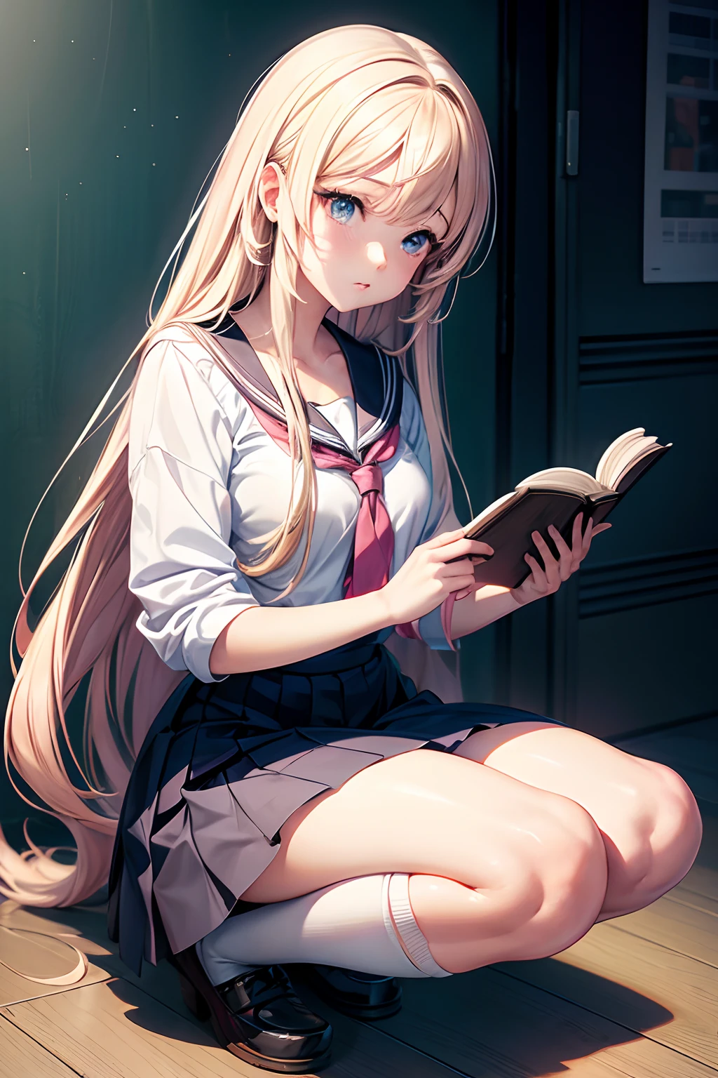 Anime girl sitting on the floor with a book and pen, beautiful anime high school girl, Anime visuals of cute girls, young anime girl, Cute anime girl, Smooth Anime CG Art, a hyperrealistic schoolgirl, beautiful anime girl squatting, anime moe art style, Ilya Kuvshinov with long hair, digital anime illustration