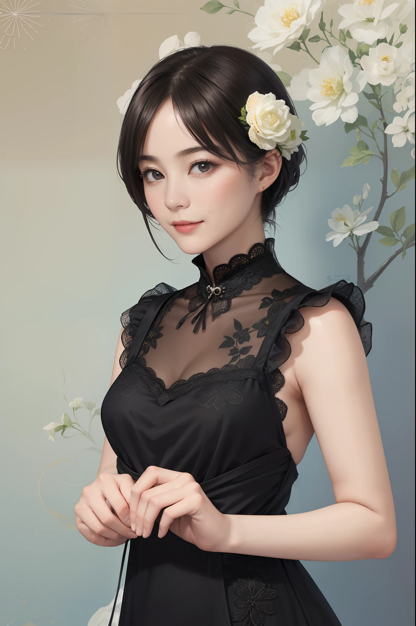 ((Best Quality))), (8K picture quality), ((masutepiece)), (Very sophisticated、Beautiful fece), (wearing dresses) , (1womanl), (Black Shorthair), Dress up, with floral pattern, Soft silk fabric, 电影灯光, Gentle expression, A slight smil, Luxurious interior