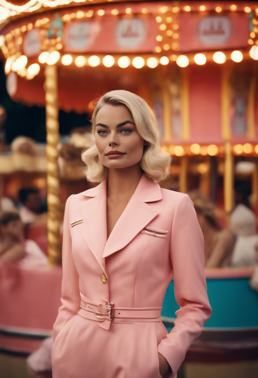 60's retro-futuristic An amusement park natta femele full bodyesbian high fashion swedish, face of margot robbie a blond Pink Chanel Suit 20yr old merry-go-round