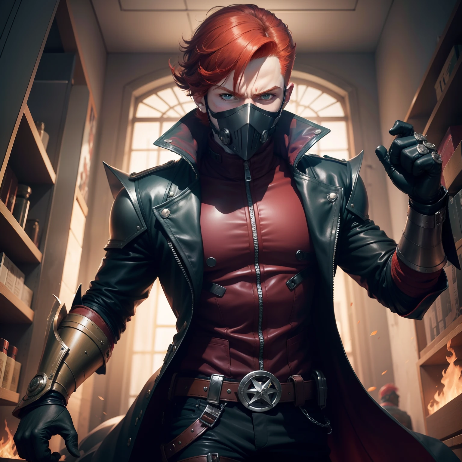 A redhead boy with a mask wearing a jacket and wielding gauntlets