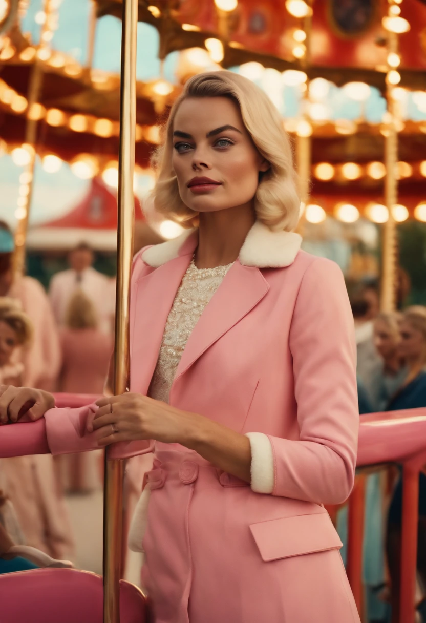 60's　retro-futuristic　An amusement park　natta　femele　full bodyesbian　high fashion　swedish, face of margot robbie　a blond　Pink Chanel Suit　20yr old　merry-go-round
