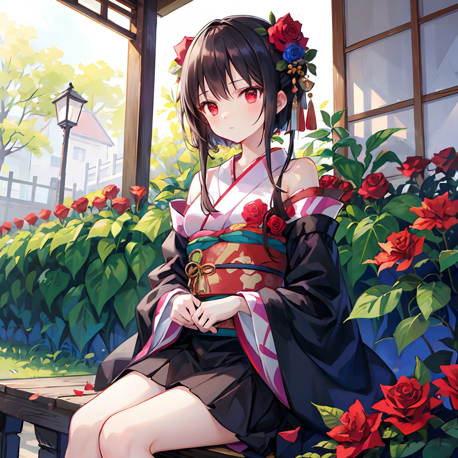A dark-haired、red eyes、Beautiful girl alone、Kimono、off shoulders、Bright red rose garden、sitting on