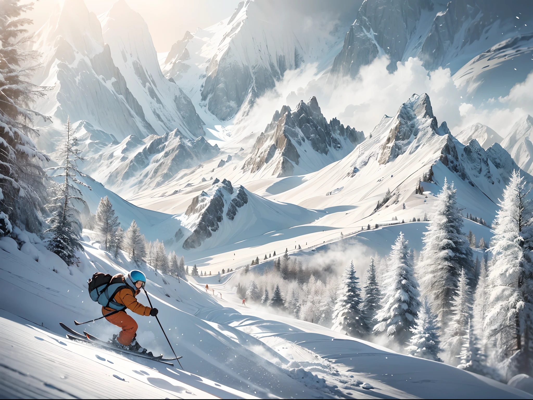 Skier in orange and blue jacket skiing down a snowy mountain - SeaArt AI