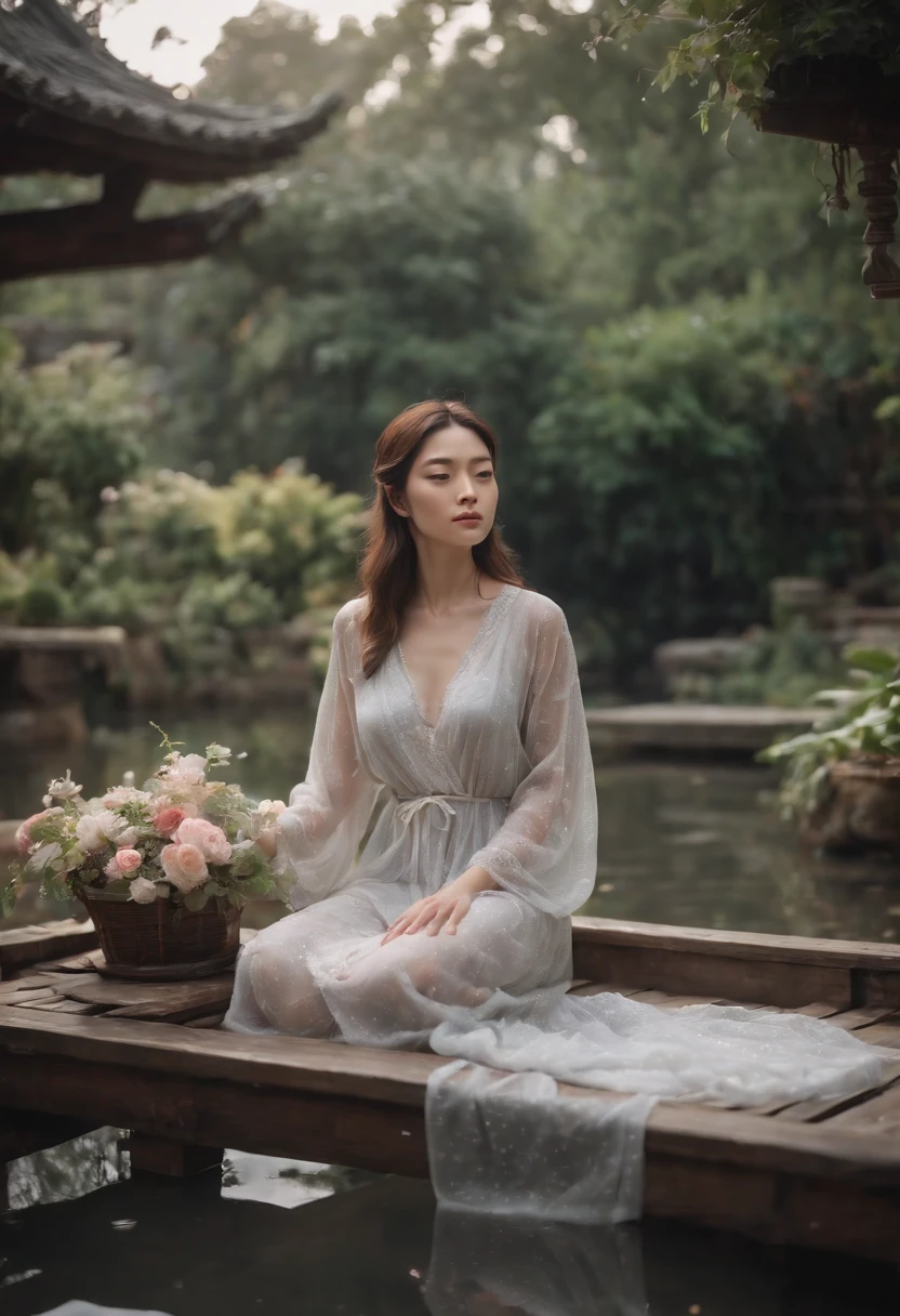 Indonesian woman with delicate features, long dark hair, and an effortless, natural beauty, wearing a high-collared Victorian dress with intricate lace details and a subtle floral pattern, sits relaxed on shiny wooden floors, her back slightly reclined against a plush, velvet pillow. She gazes serenely into the distance, taking in the breathtaking view of a lush valley and waterfall beyond the minimalist house's iron-railing-lined terrace. Soft, warm light infuses the scene, casting a gentle glow on the woman's face and the surrounding space, reminiscent of the works of French Impressionist painter, Berthe Morisot, with a touch of Southeast Asian elegance, as if plucked from the dreams of architect Tadao Ando and brought to life by the delicate brushstrokes of Indonesian artist, Arahmaiani.